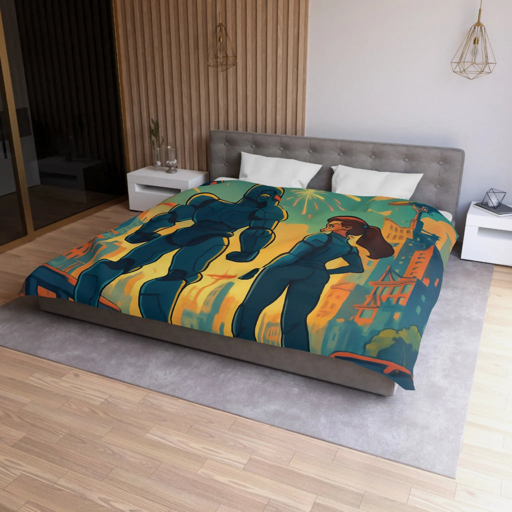 Housse de Couette Fine Imprimée Feux d’Artifice et Futuriste Ville Robotique Dessinée