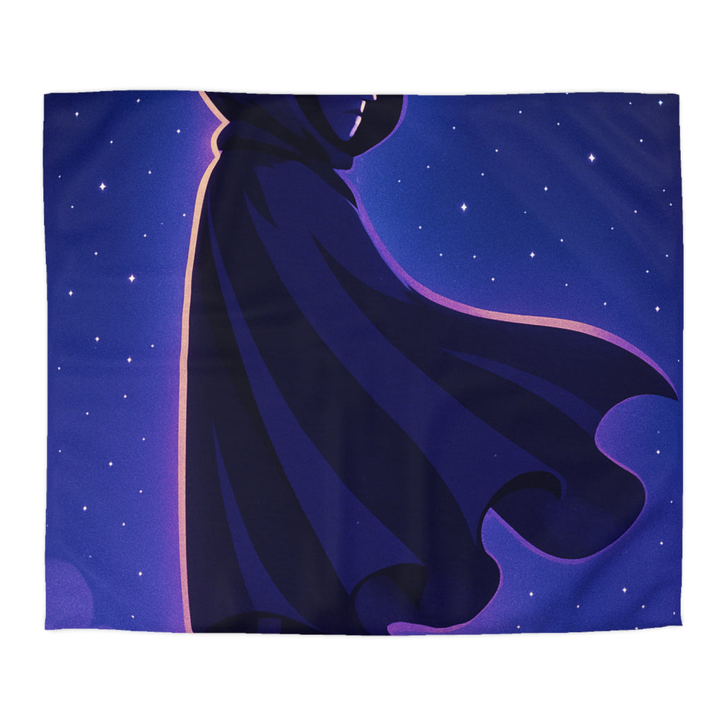 Housse de couette mystérieuse avec silhouette en cape sous un ciel étoilé magique