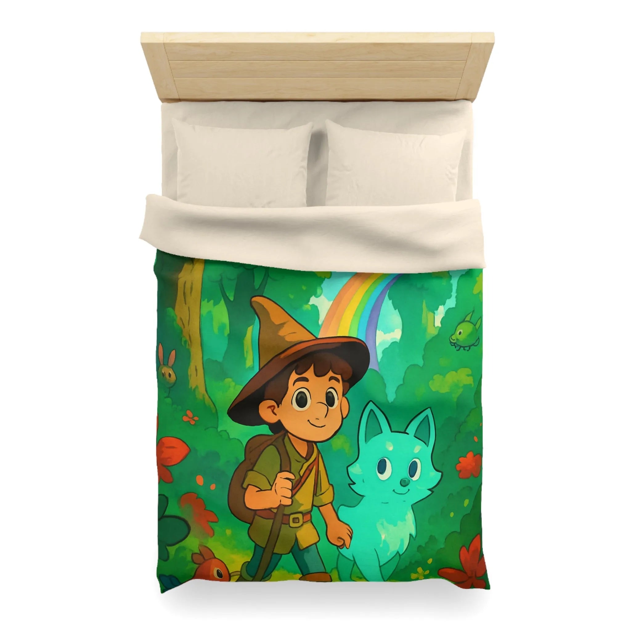 Housse de Couette Enfant avec Petit Sorcier et Animal Magique sous Arc-en-ciel
