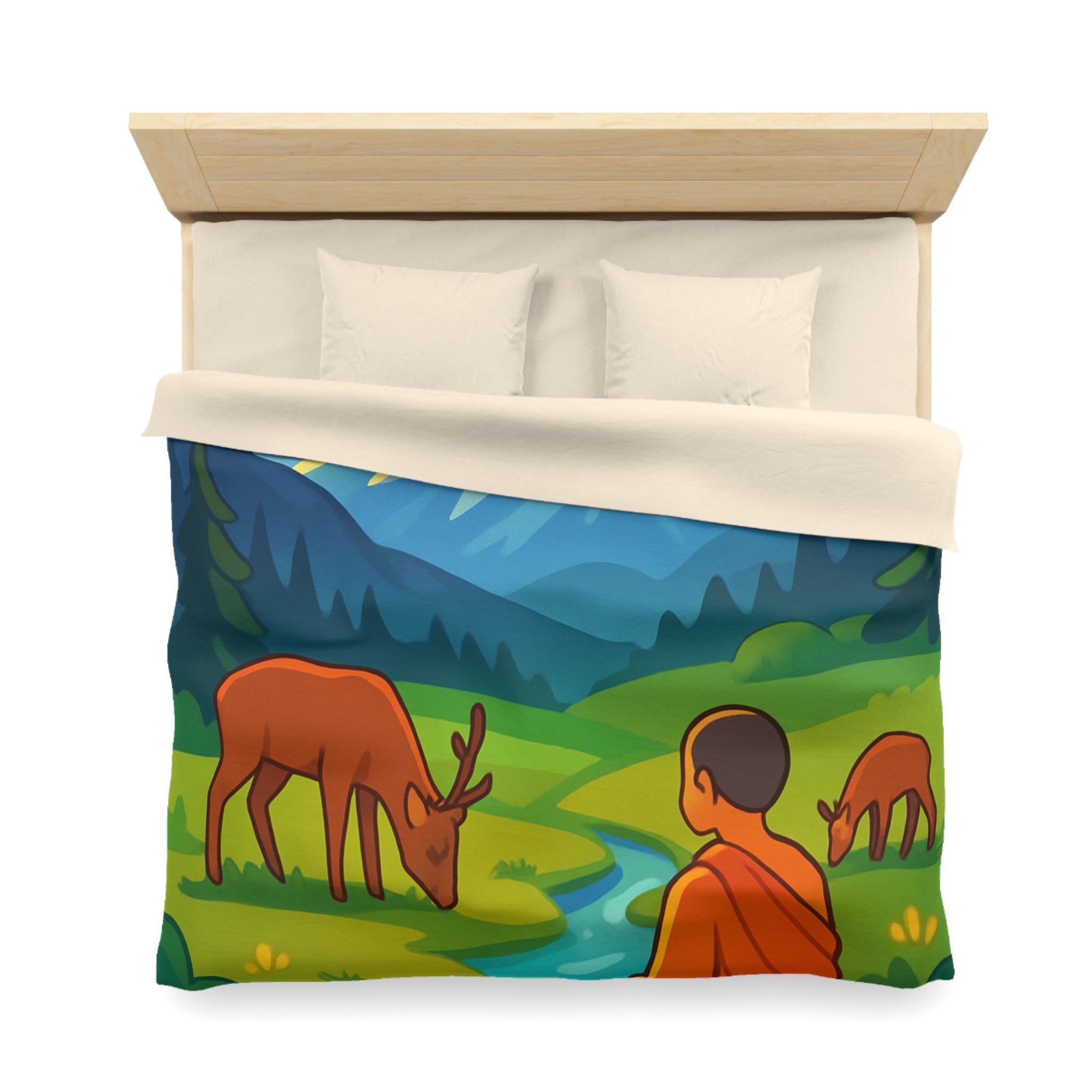 Housse de couette zen avec paysage montagneux, moine, cerfs et rivière tranquille