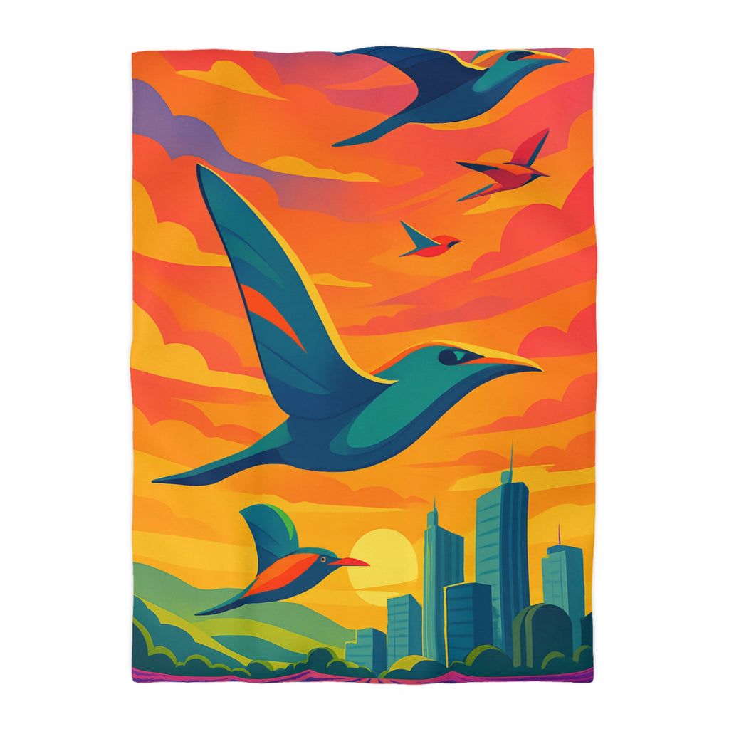 Housse de Couette Vibrante avec Oiseaux Volant au-dessus Champs et Ville au Crépuscule