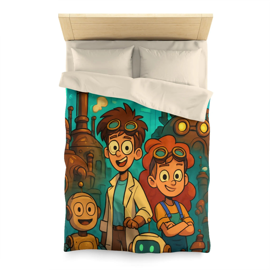 Exploration robotique en atelier steampunk coloré avec jeunes inventeurs et machines futuristes