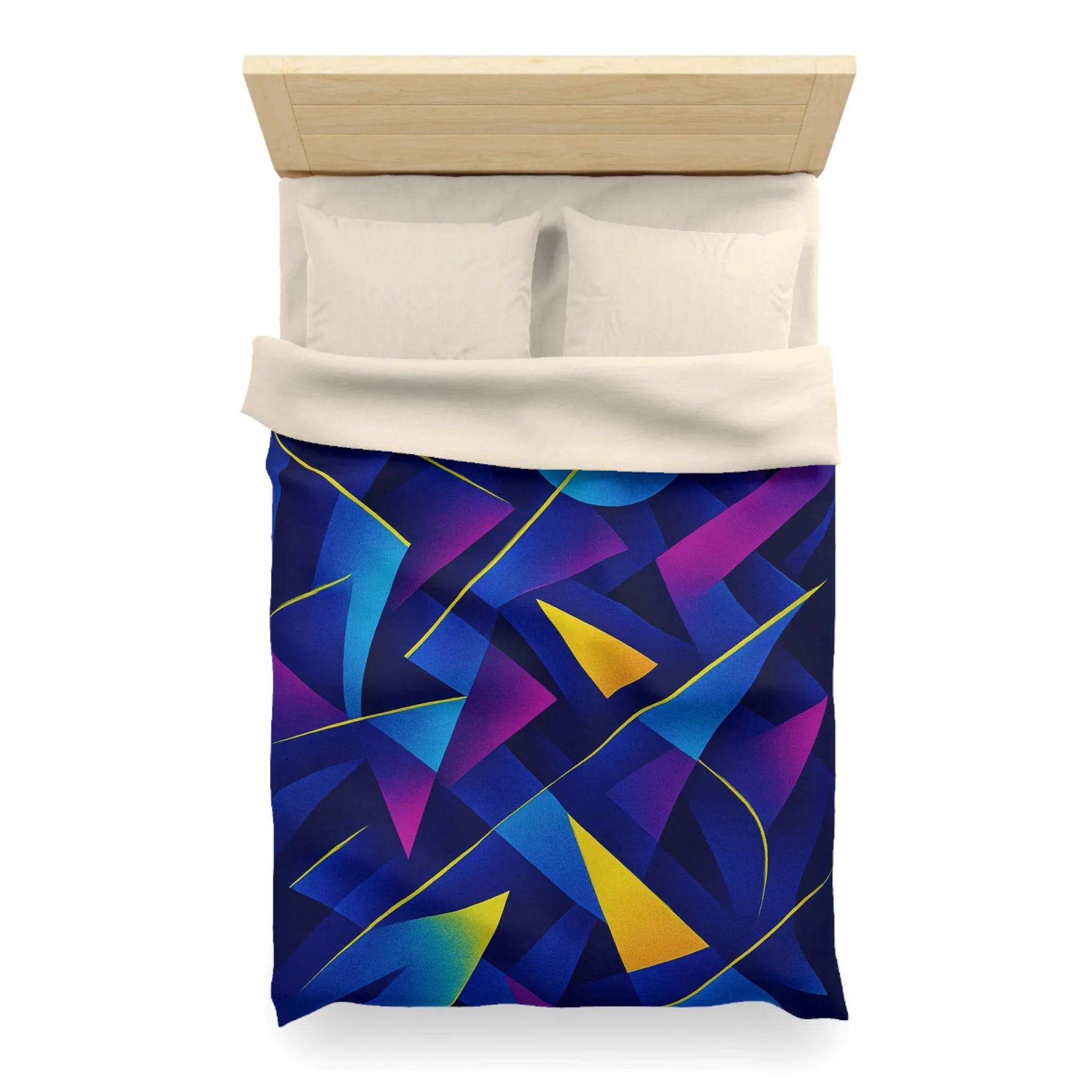 Housse De Couette Bleu Sombre Géométrique Avec Touches Jaunes Et Violettes Vibrantes