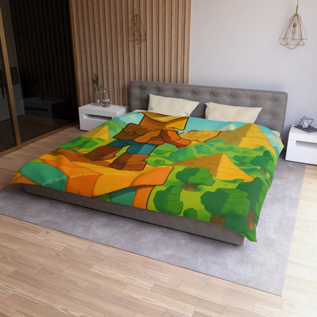 Housse de Couette Ludique Aventure Pixelisée Explorateur Carte Forêt Pyramide Enfant