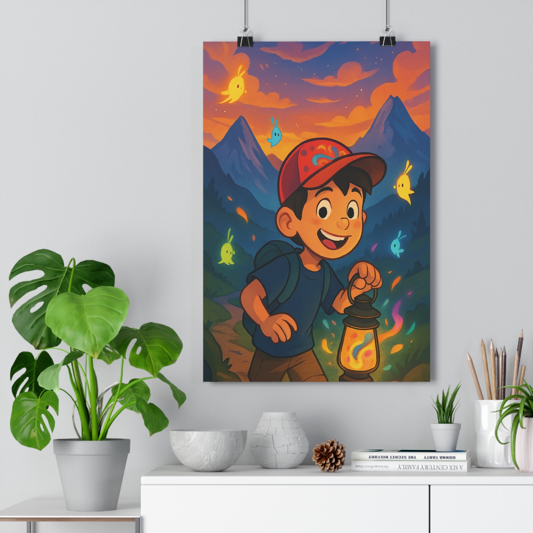 Poster décoratif cartoon joyeux enfant lumière jaune orange magique montagne créature chambre coucher soleil