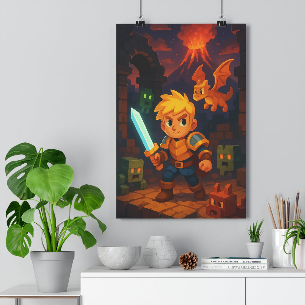 Poster décoratif épique aventure guerrier blond épée lumineuse dragon orange pixel art chambre qualité