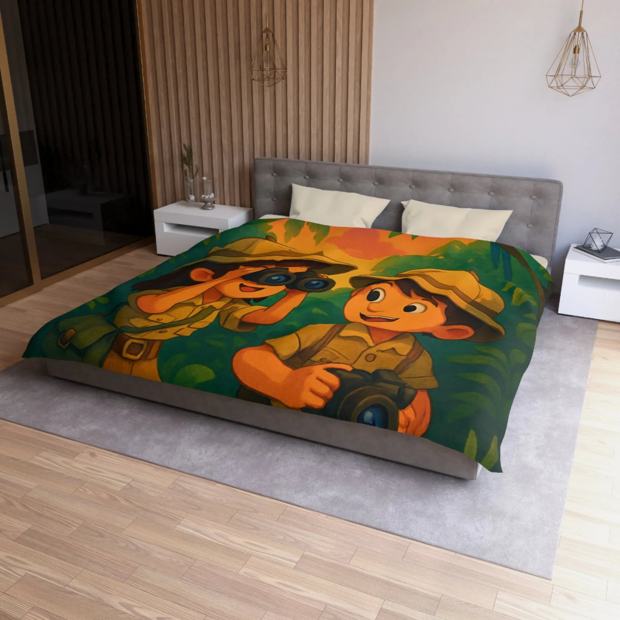Housse de couette jungle colorée avec enfants explorateurs, perroquet et éléphant mignon