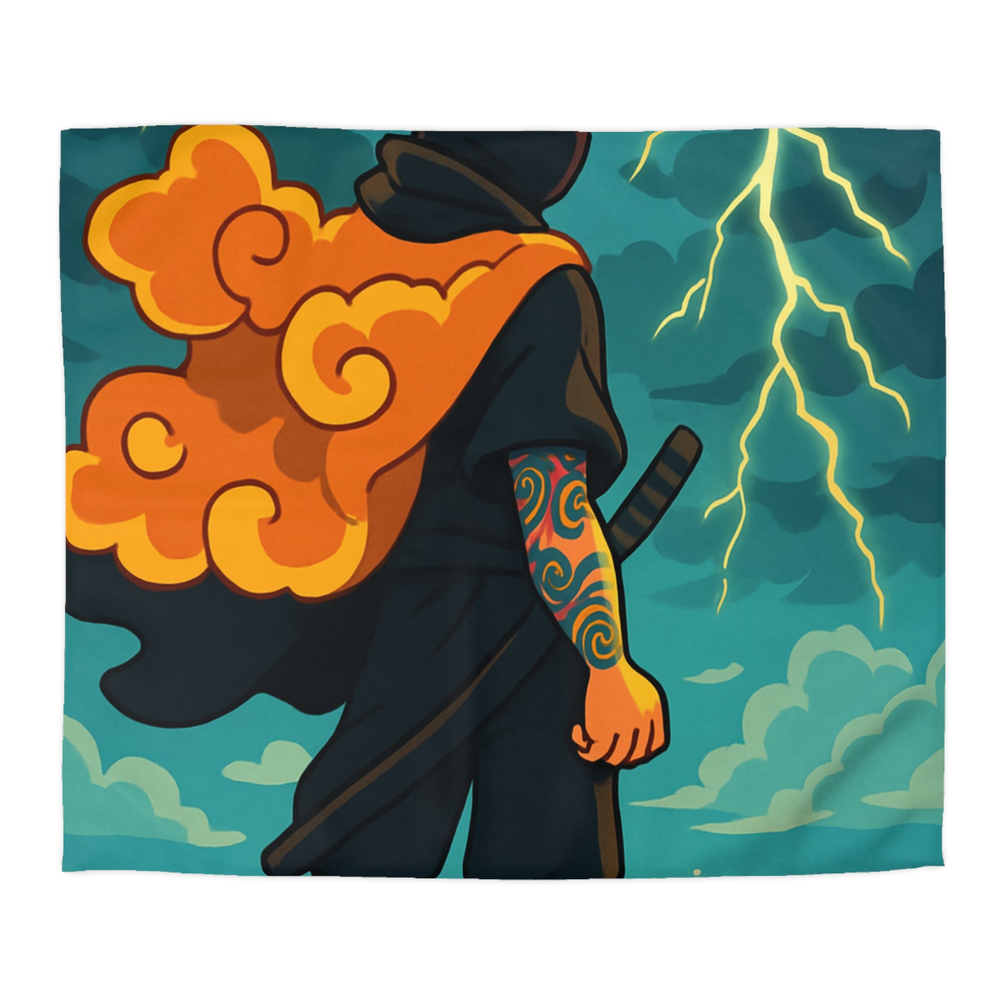 Housse de couette ninja contemplatif sur falaise, orage aux éclairs dramatiques