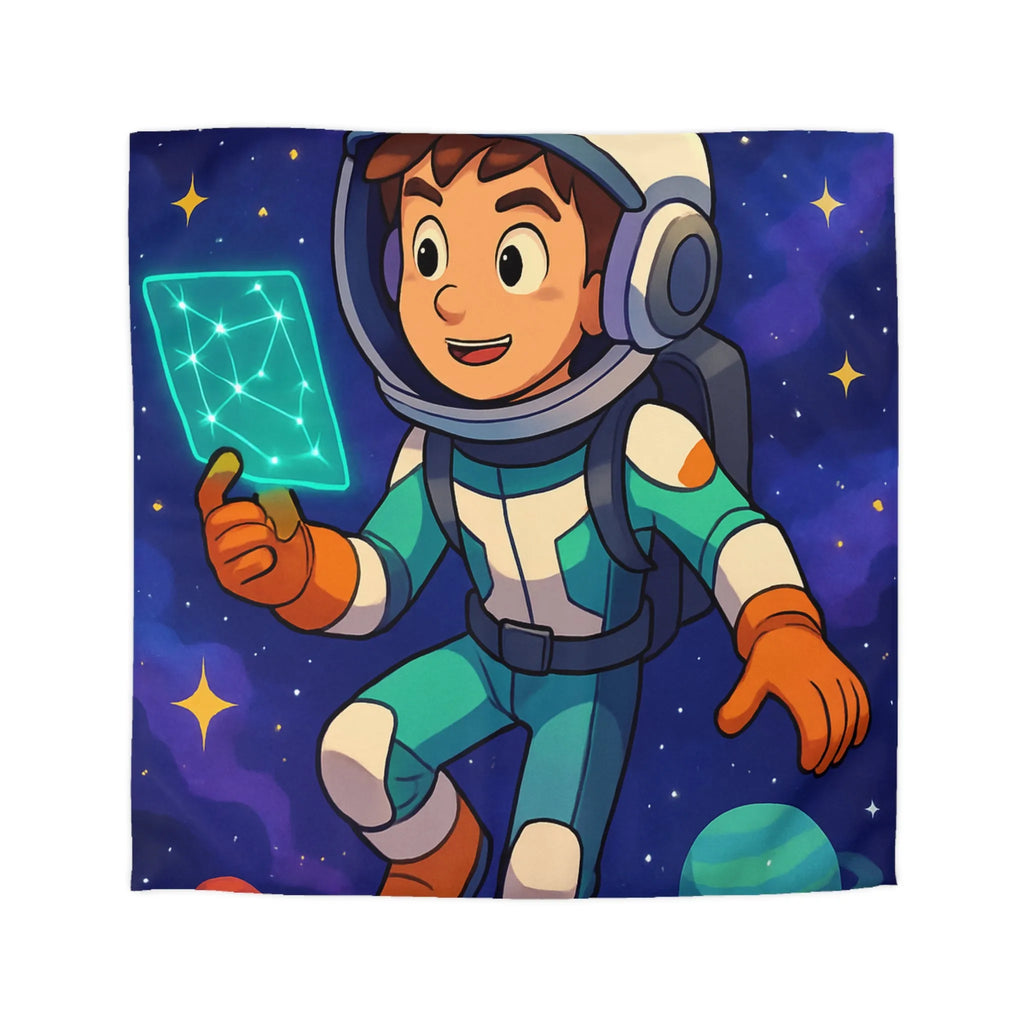 Enfant Astronaute Talentueux Explorant L'espace Coloré avec Carte de Connectivité Virtuelle