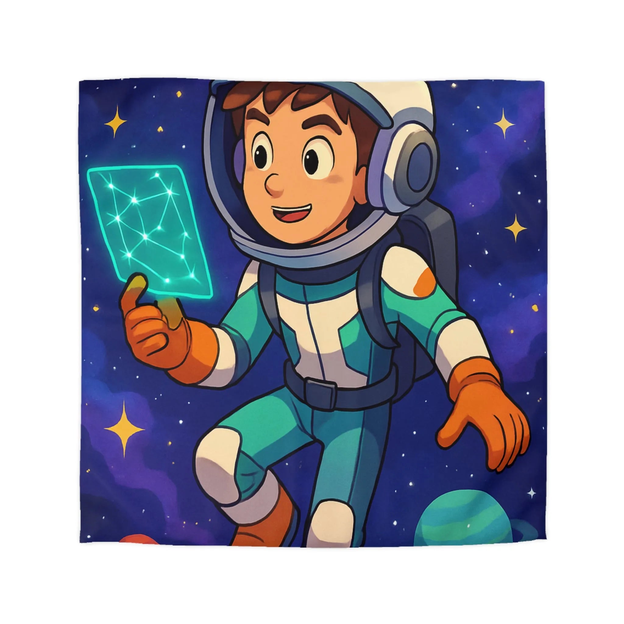 Enfant Astronaute Talentueux Explorant L'espace Coloré avec Carte de Connectivité Virtuelle