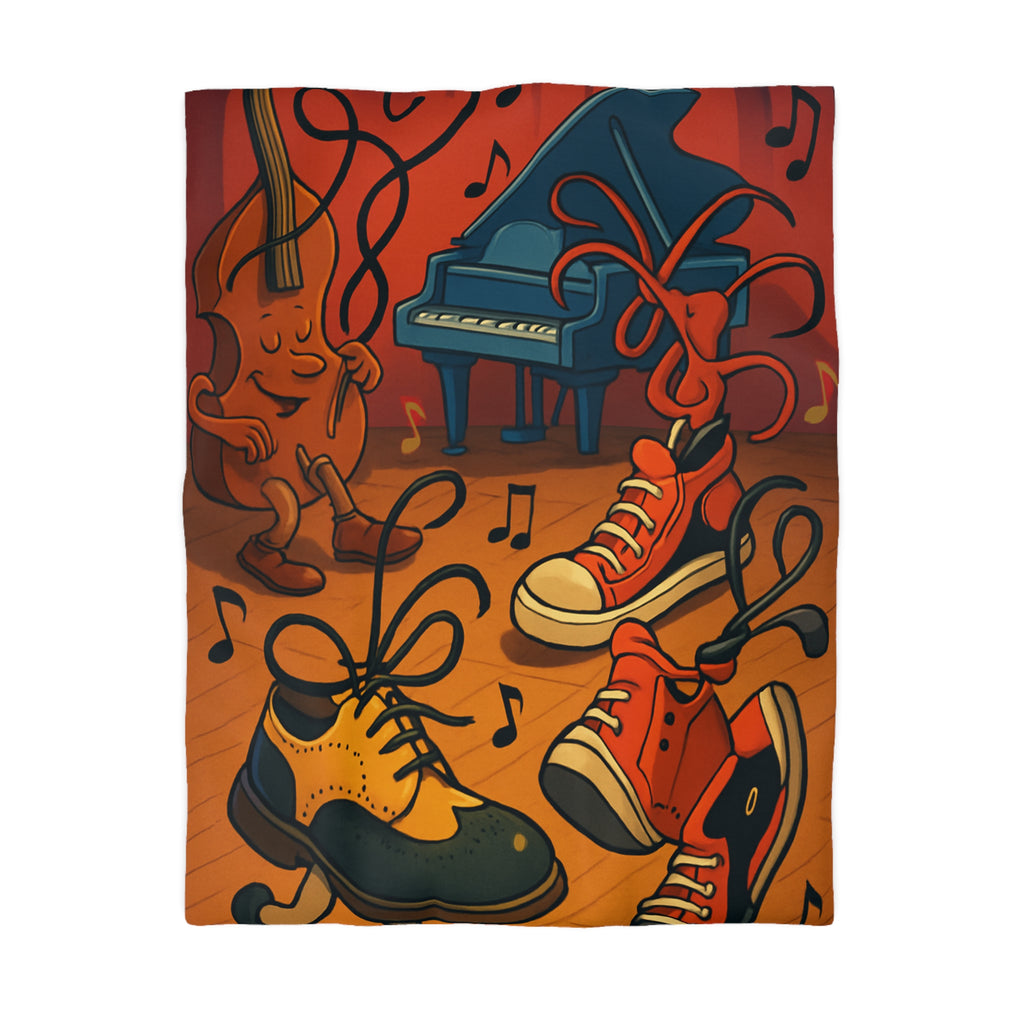 Housse de couette originale et colorée avec des instruments et chaussures dansantes dessin animé