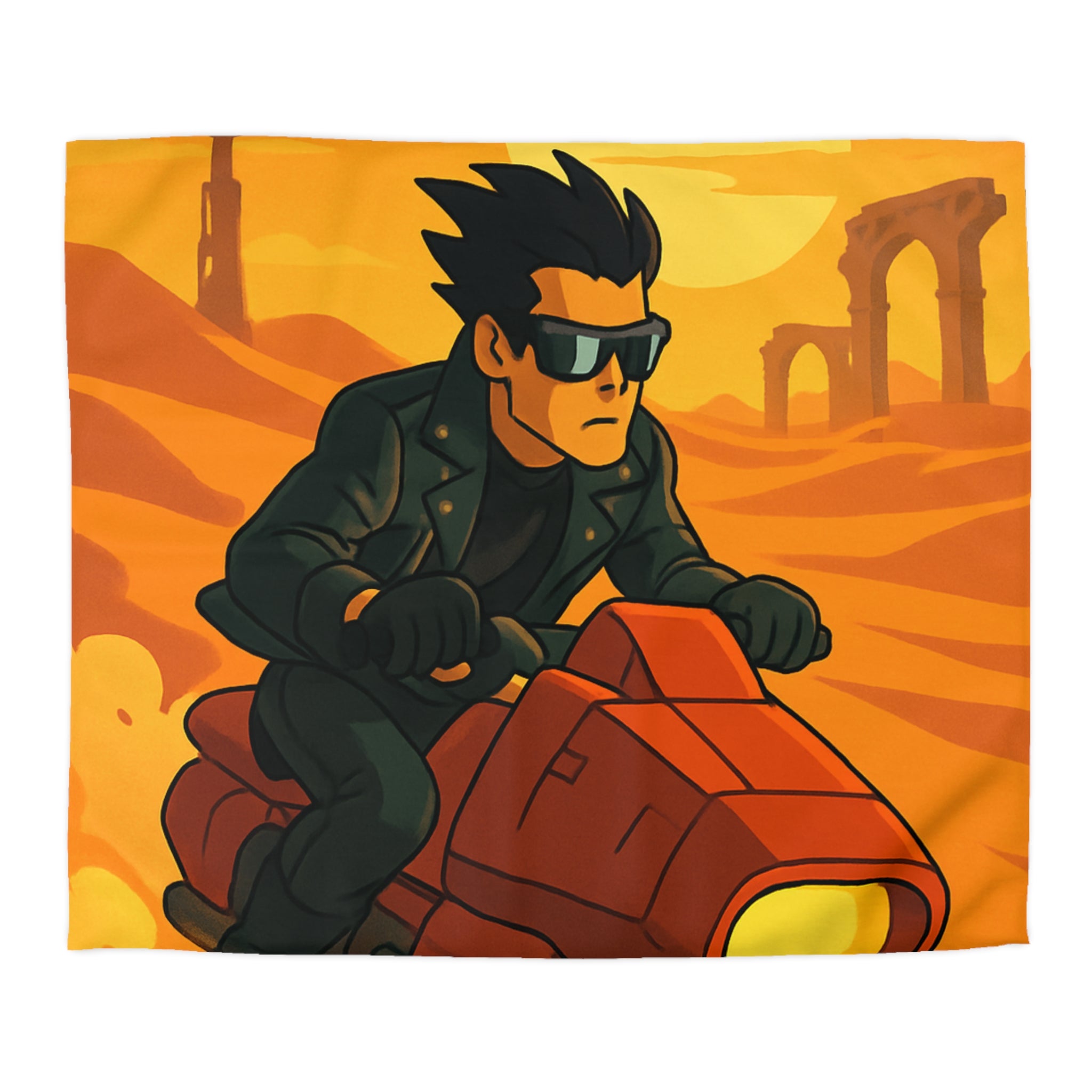 Housse de couette moto futuriste sur désert orangé avec soleil couchant et ruines