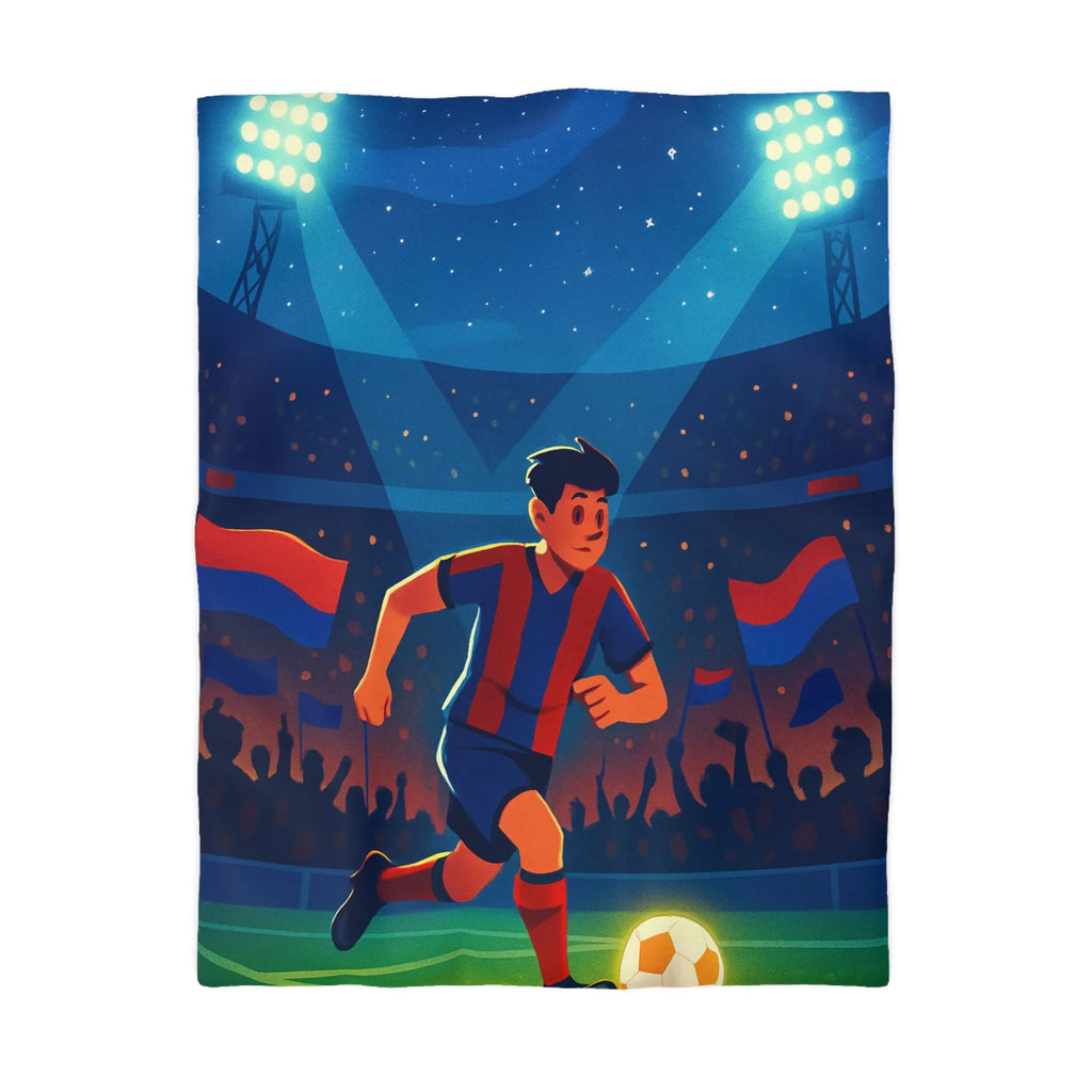 Housse de couette colorée illustrant un joueur de football vibrant sous les projecteurs nocturnes