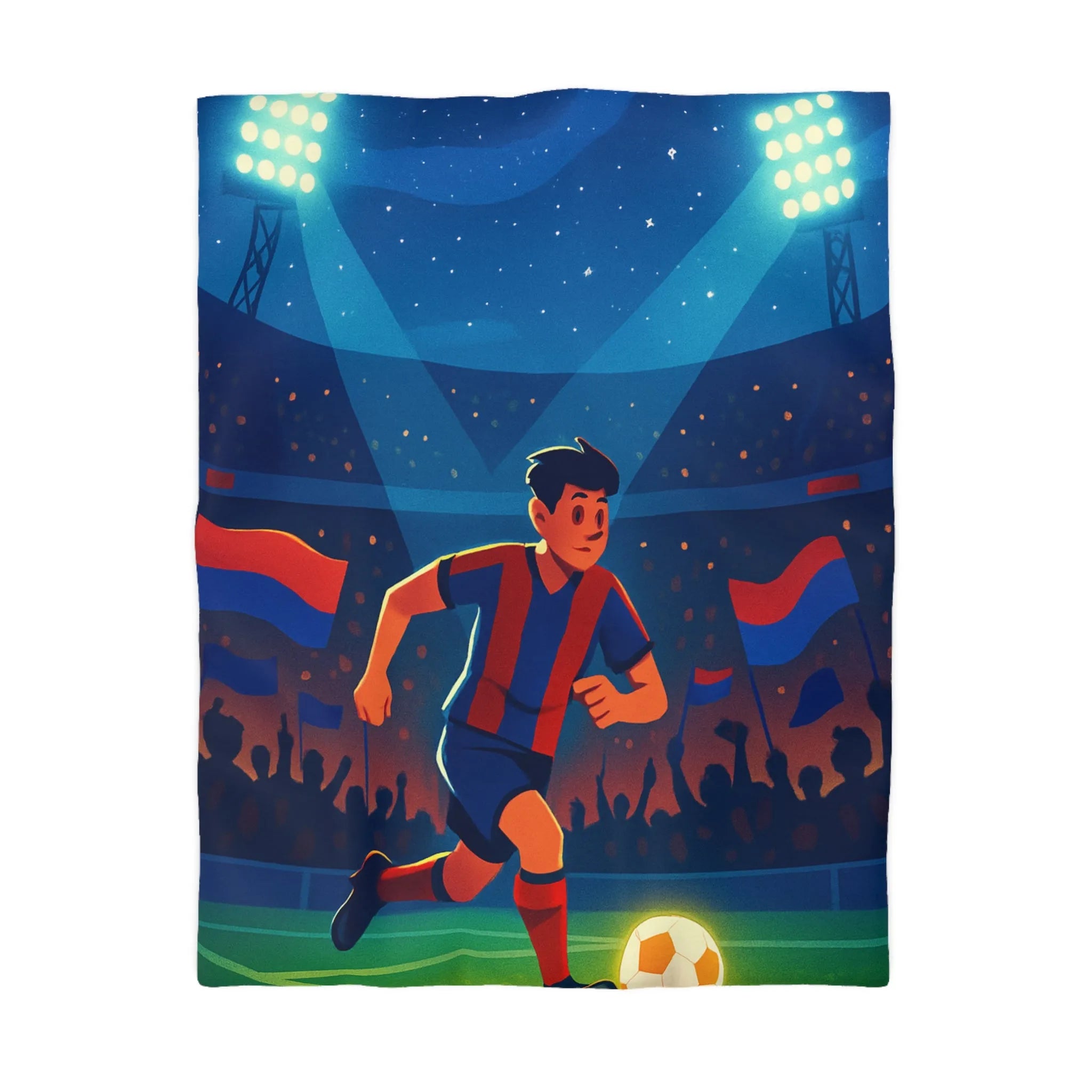 Housse de couette colorée illustrant un joueur de football vibrant sous les projecteurs nocturnes