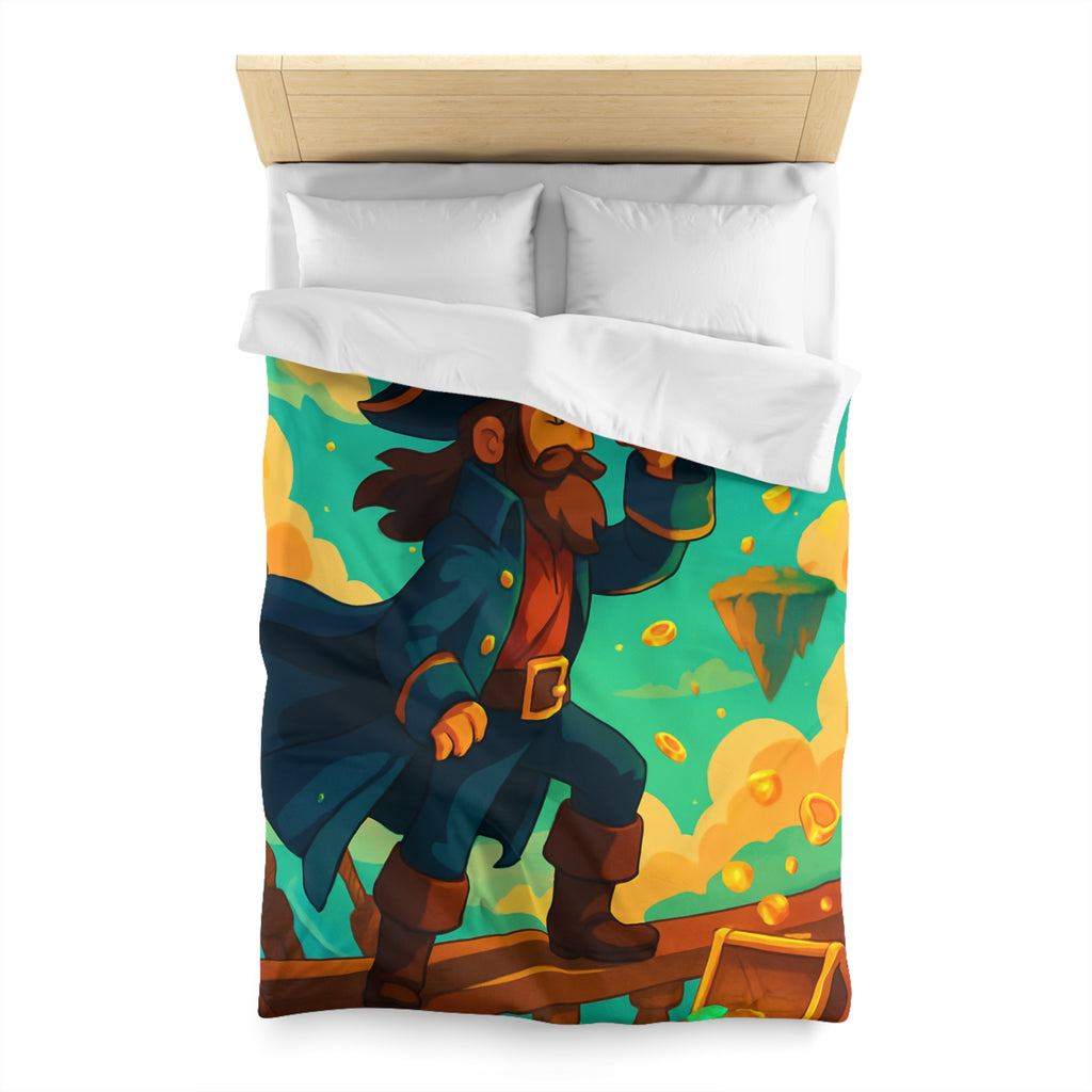 Housse de couette pirate vibrant bleu avec trésor doré et nuages flottants