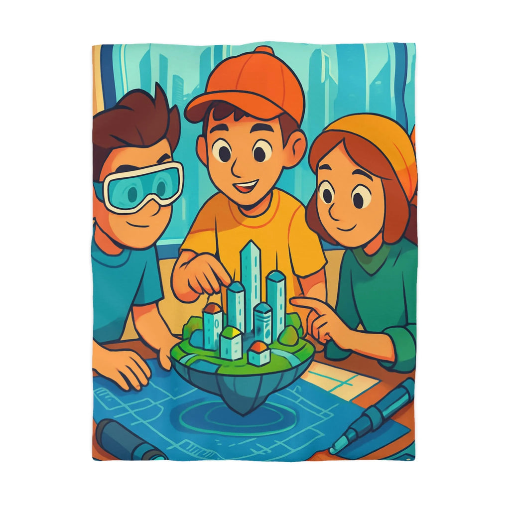 Housse de couette avec design futuriste ludique, enfants explorant une ville miniature colorée