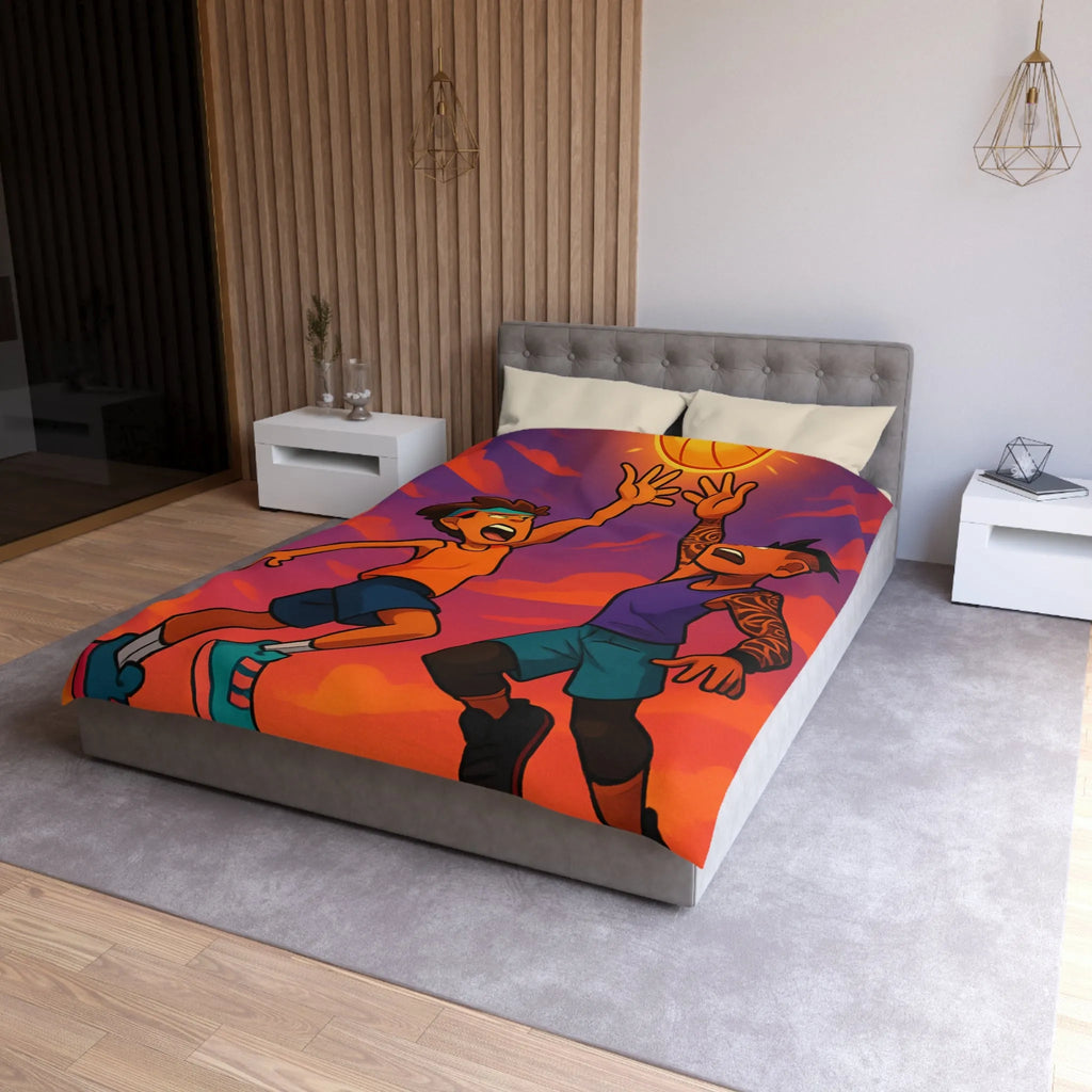 Housse de couette basketball, style dessin animé, coucher de soleil dynamique énergique
