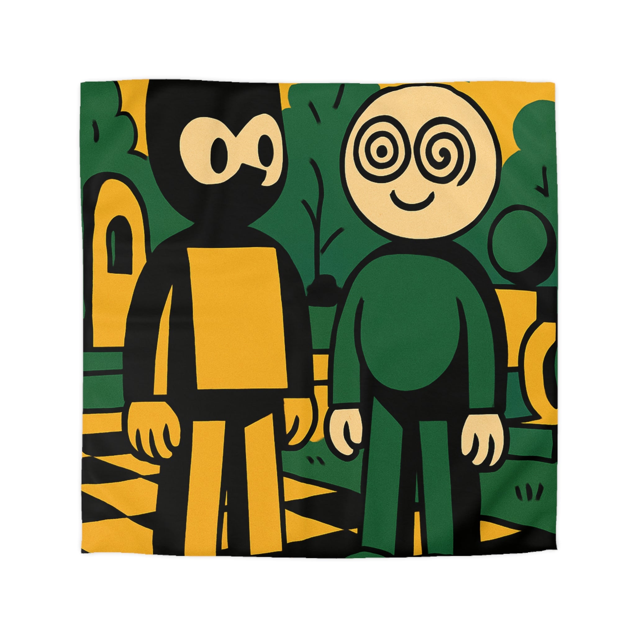 Housse de couette style pop-art cartoon avec personnages et paysage graphique original