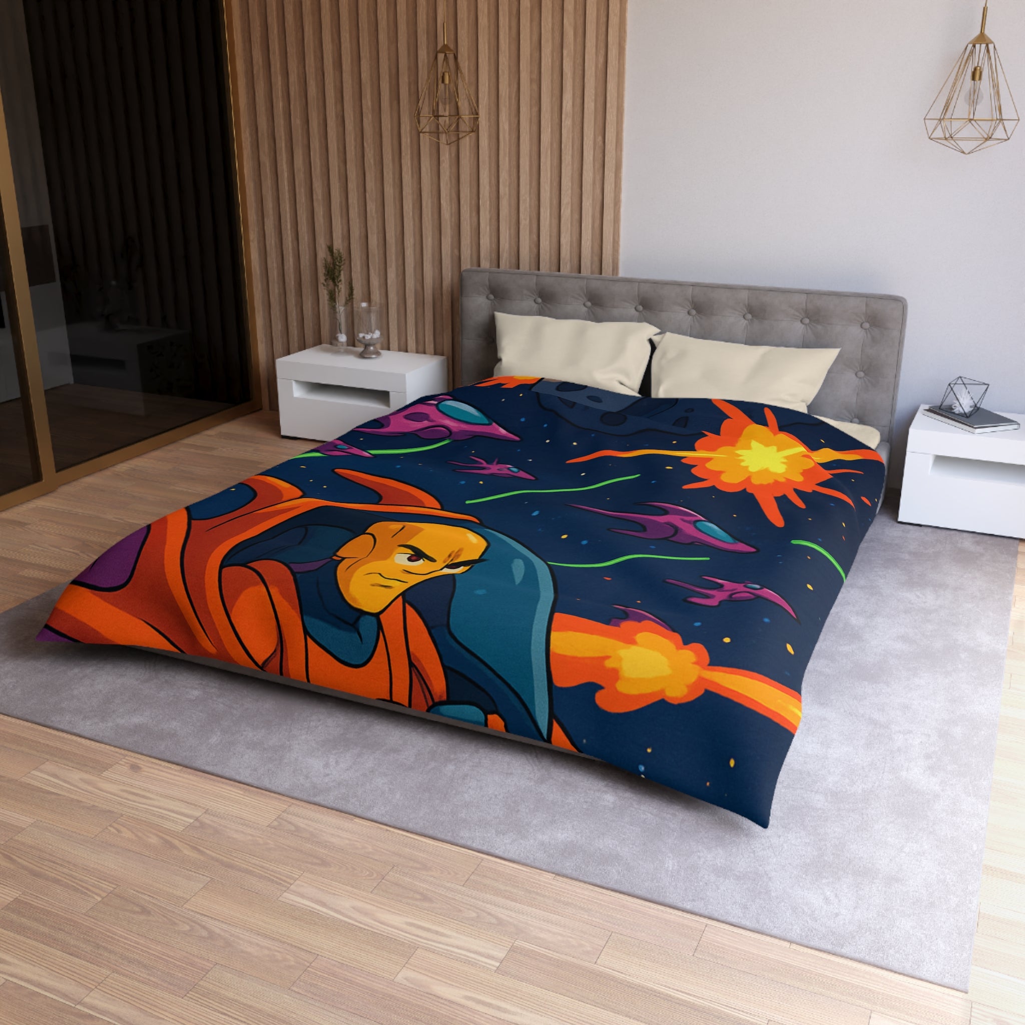 Housse de couette style rétro avec vaisseaux spatiaux et astéroïdes en explosion