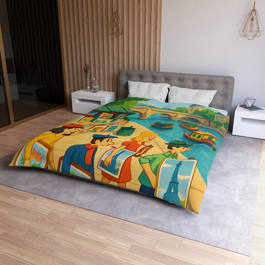 Housse de couette artistique thème parisien avec scènes de quai colorées et peintres joyeux
