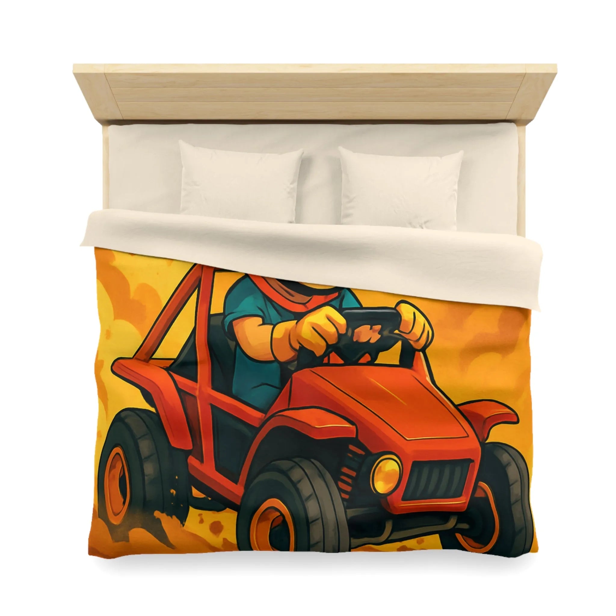 Housse de couette aventure enfant avec pilote de buggy dans le désert ensoleillé