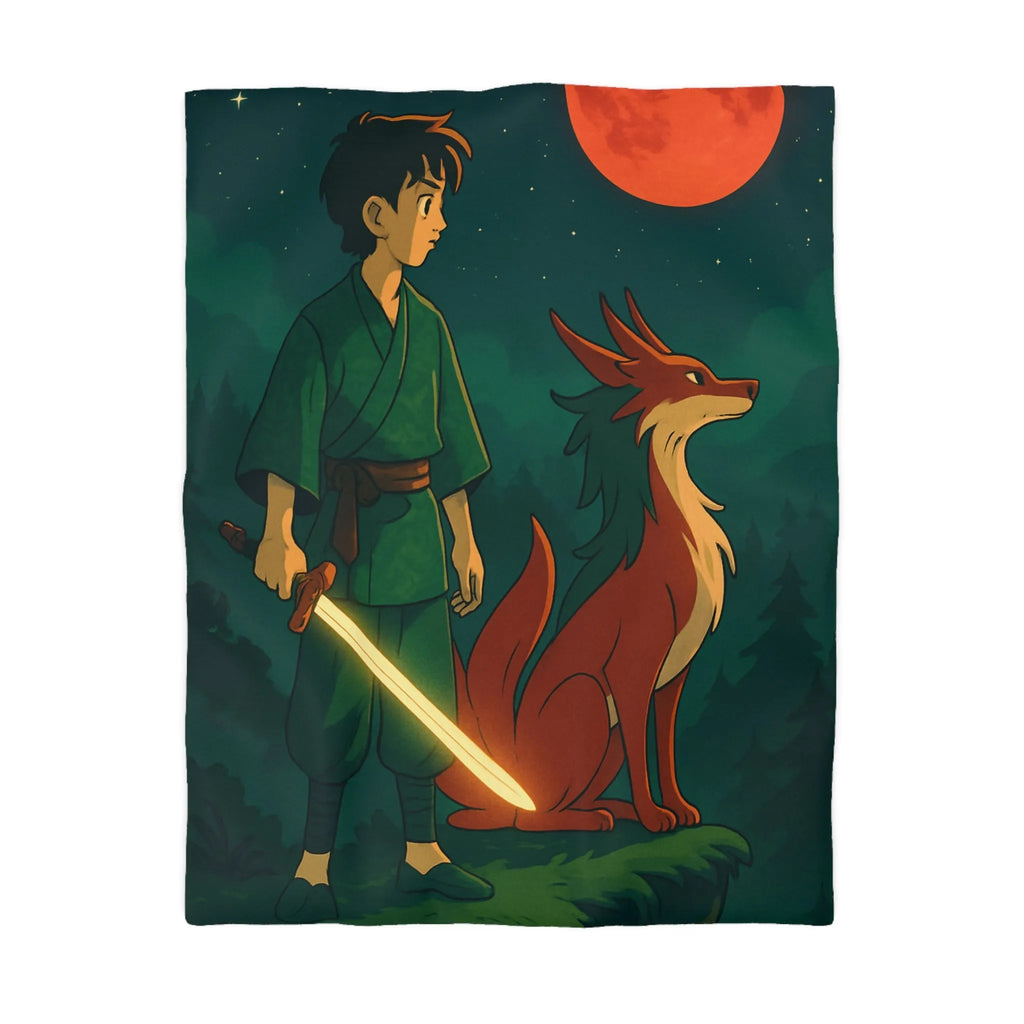 Housse de couette épique avec lune rouge, scène mystique et créature légendaire