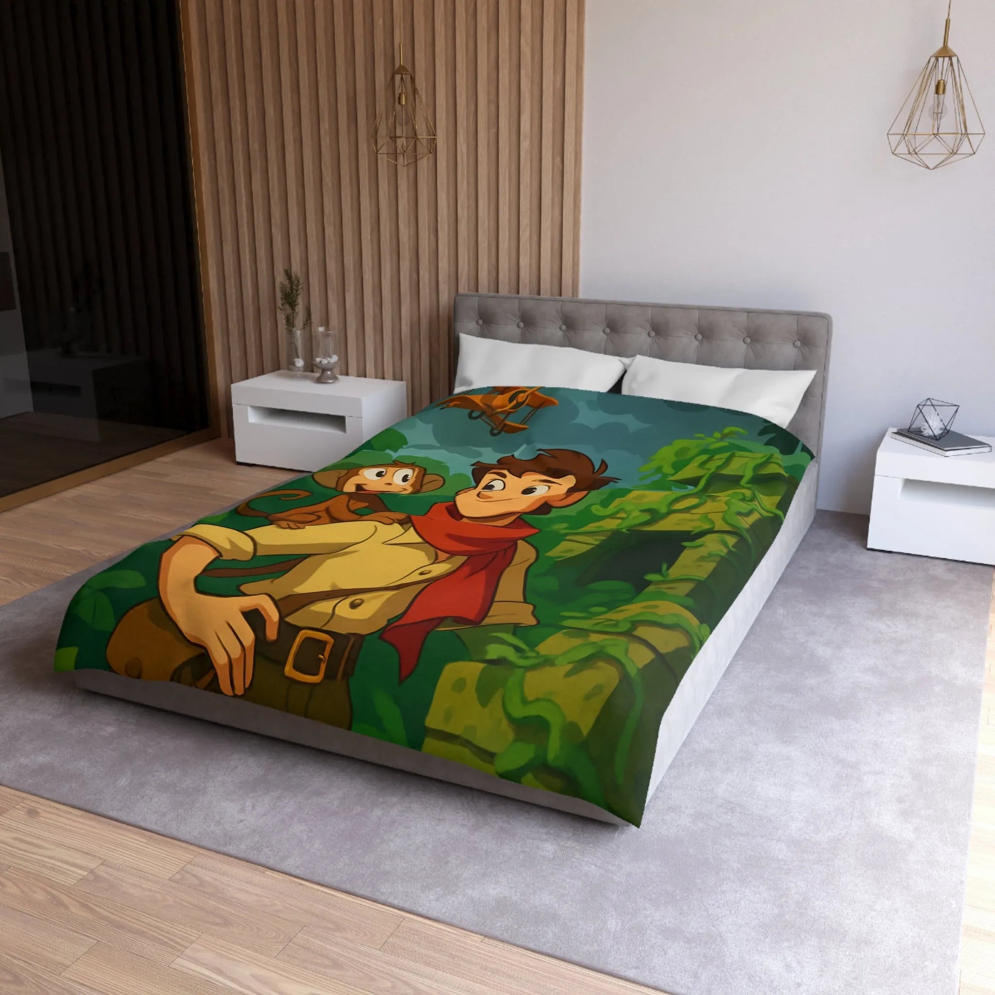 Housse de couette jungle aventure avec singe, avion biplan et ruines mystérieuses