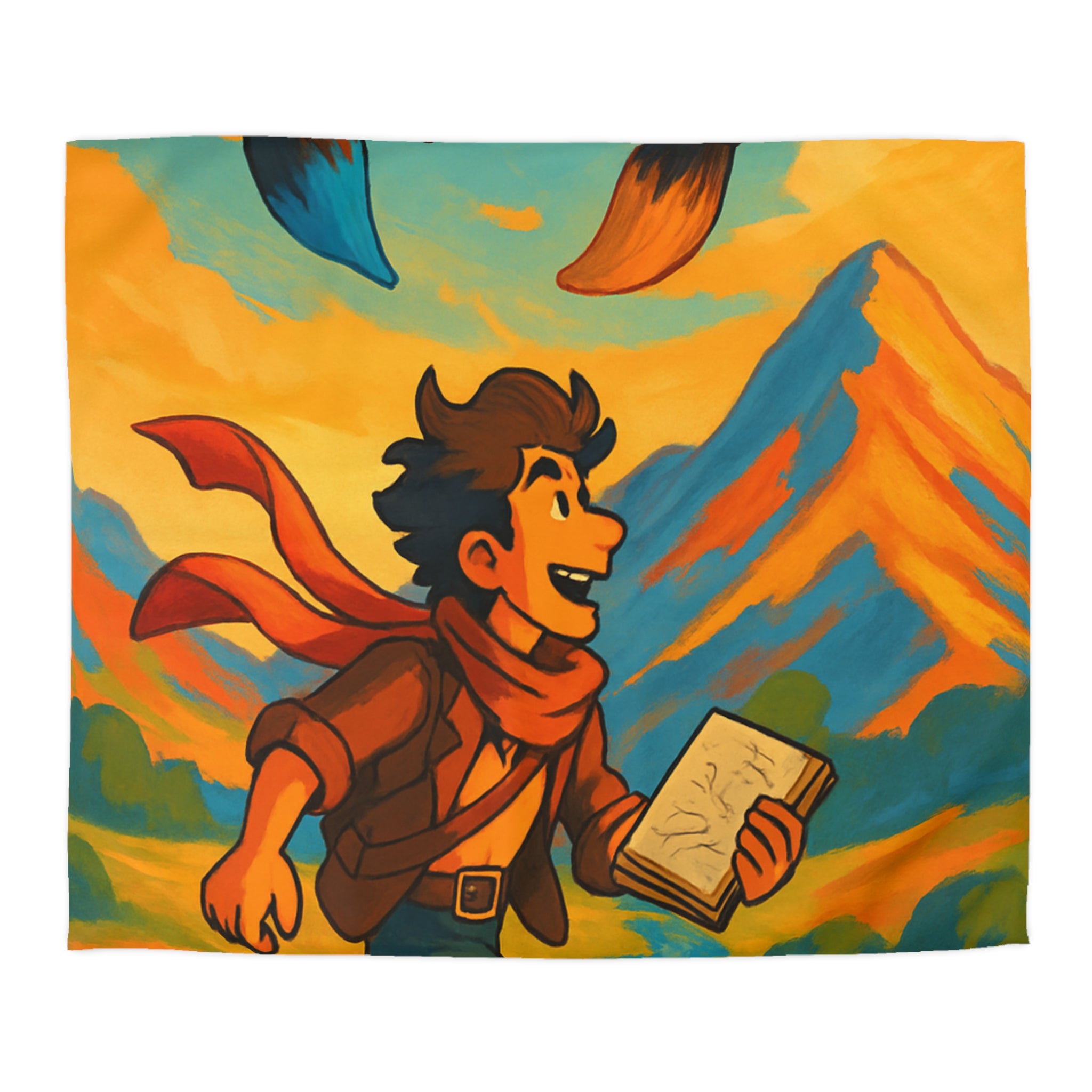 Housse de couette vibrante avec illustration de paysage montagnard et artiste joyeux