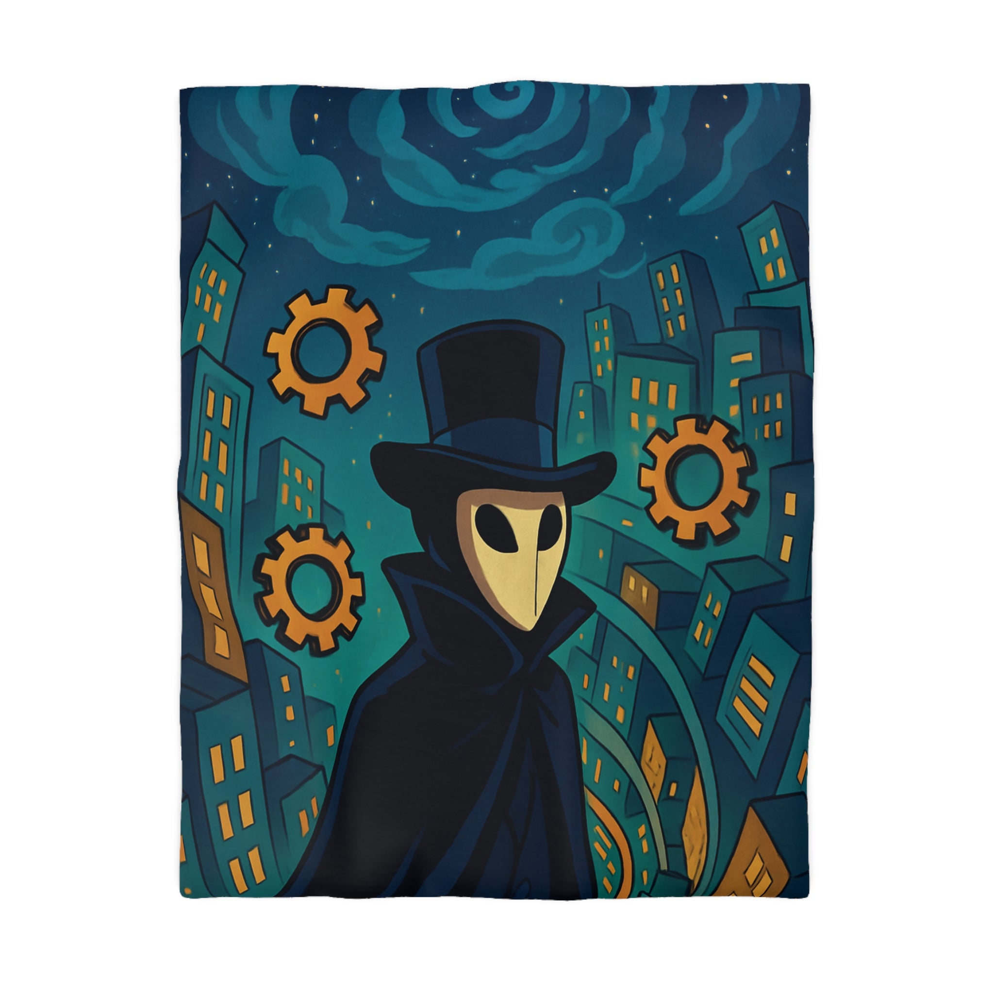 Housse de couette mystérieuse avec personnage masqué, engrenages dorés et ville nocturne