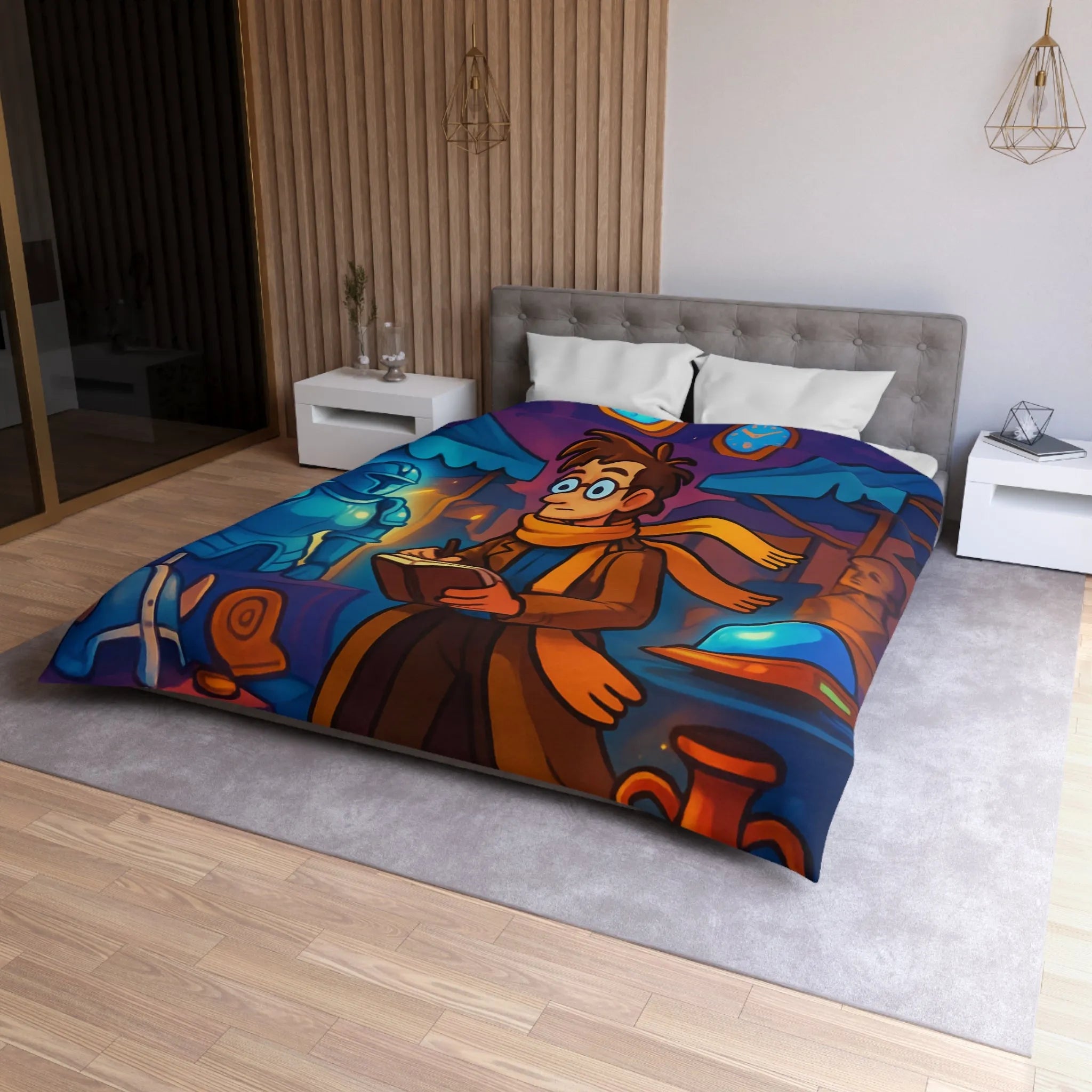 Housse de couette avec motif de marché nocturne mystérieux et horloges suspendues