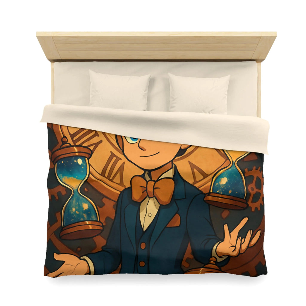 Élégante housse de couette thème horloger avec personnage stylisé et sabliers dorés