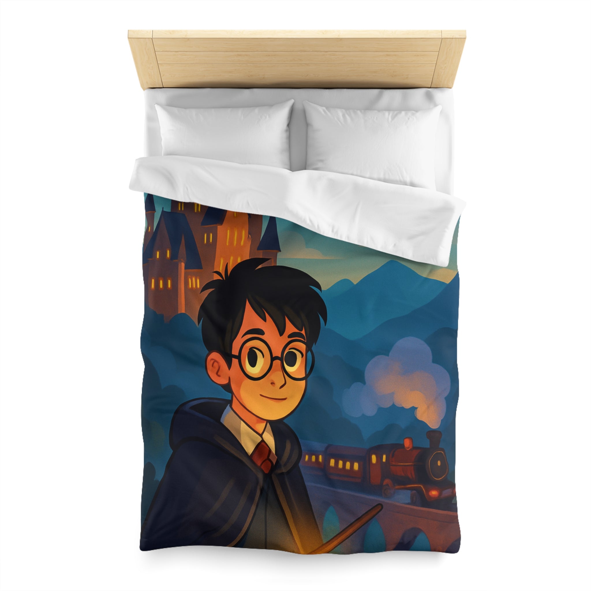 Magie nocturne : Housse de couette avec hibou, château et ambiance mystique montagnarde