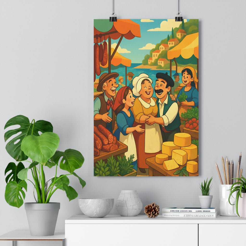 Poster décoratif cartoon coloré joyeux cuisine salle manger corse marché personnage paysage convivialité qualité