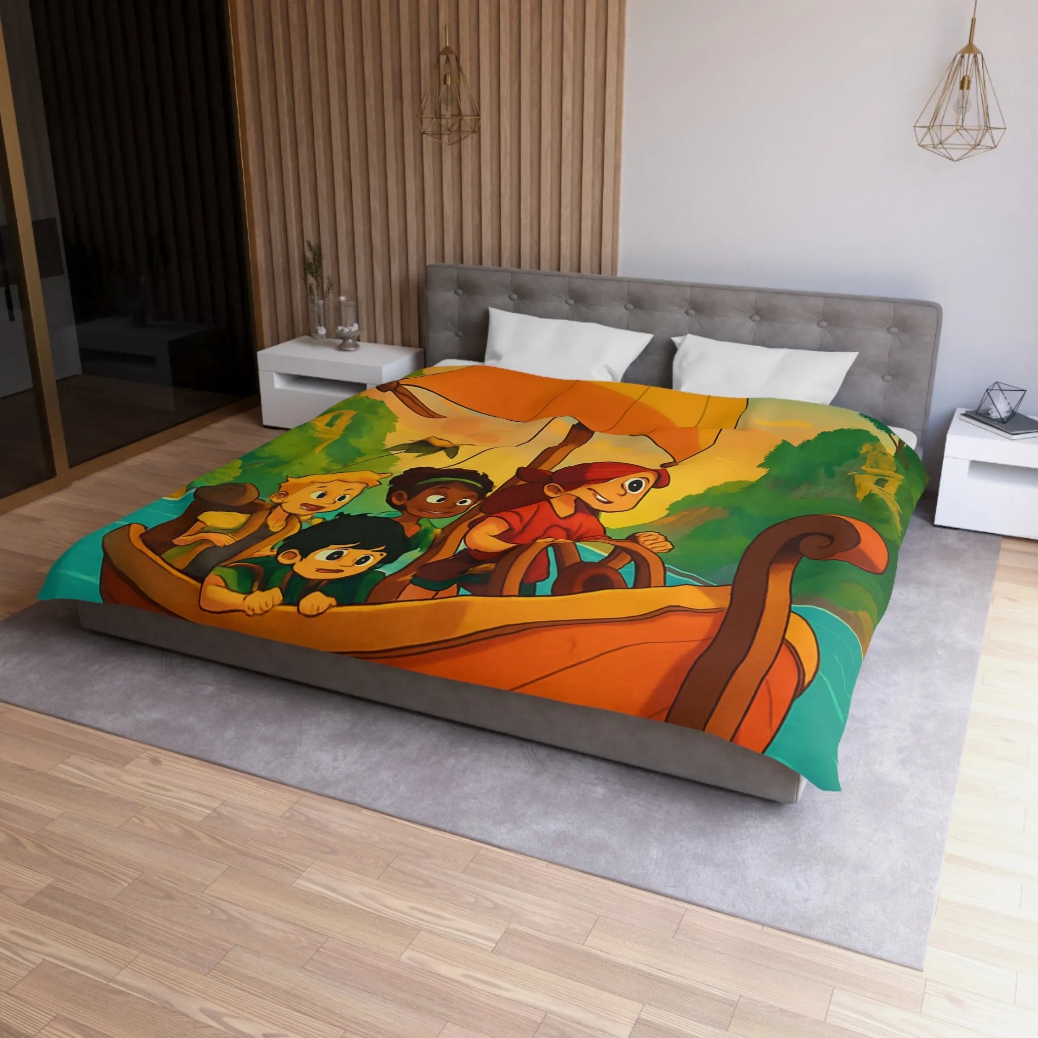 Housse de couette enfantine avec bateau, amis et animaux marins, ambiance tropicale vive