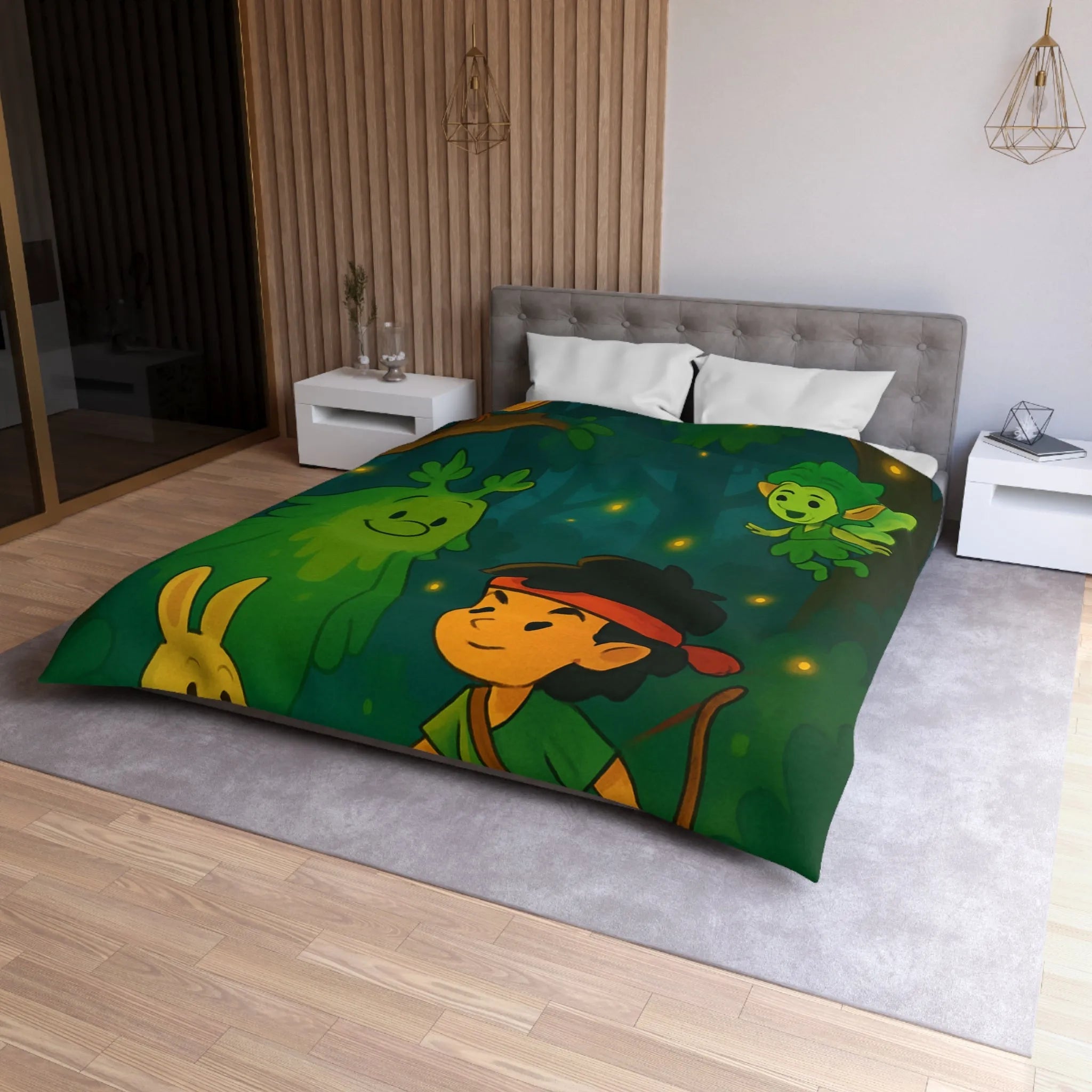 Housse de couette enfant illustrée avec scène de forêt enchantée et personnages magiques