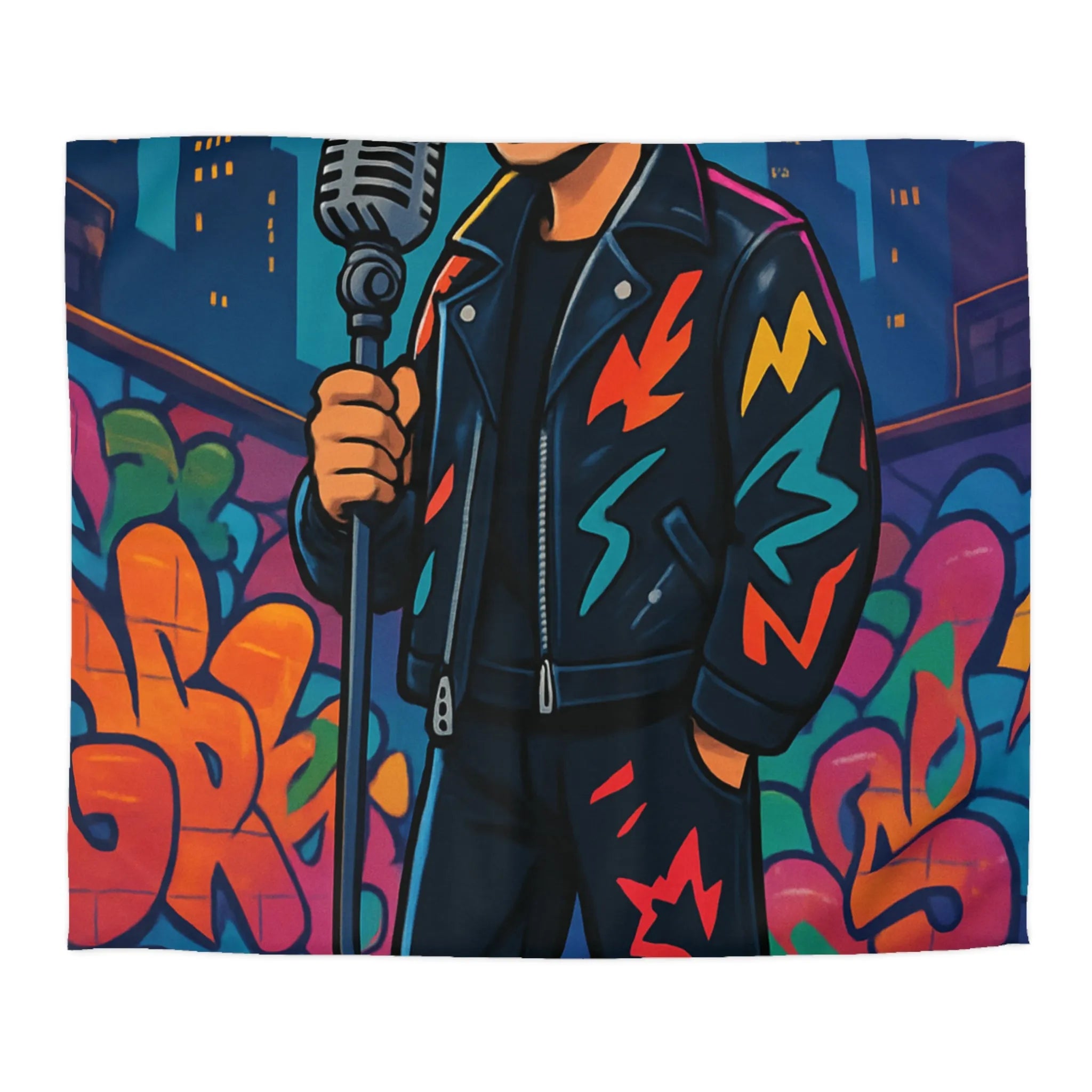 Housse de couette colorée graffiti style urbain avec chanteur devant micro rétro