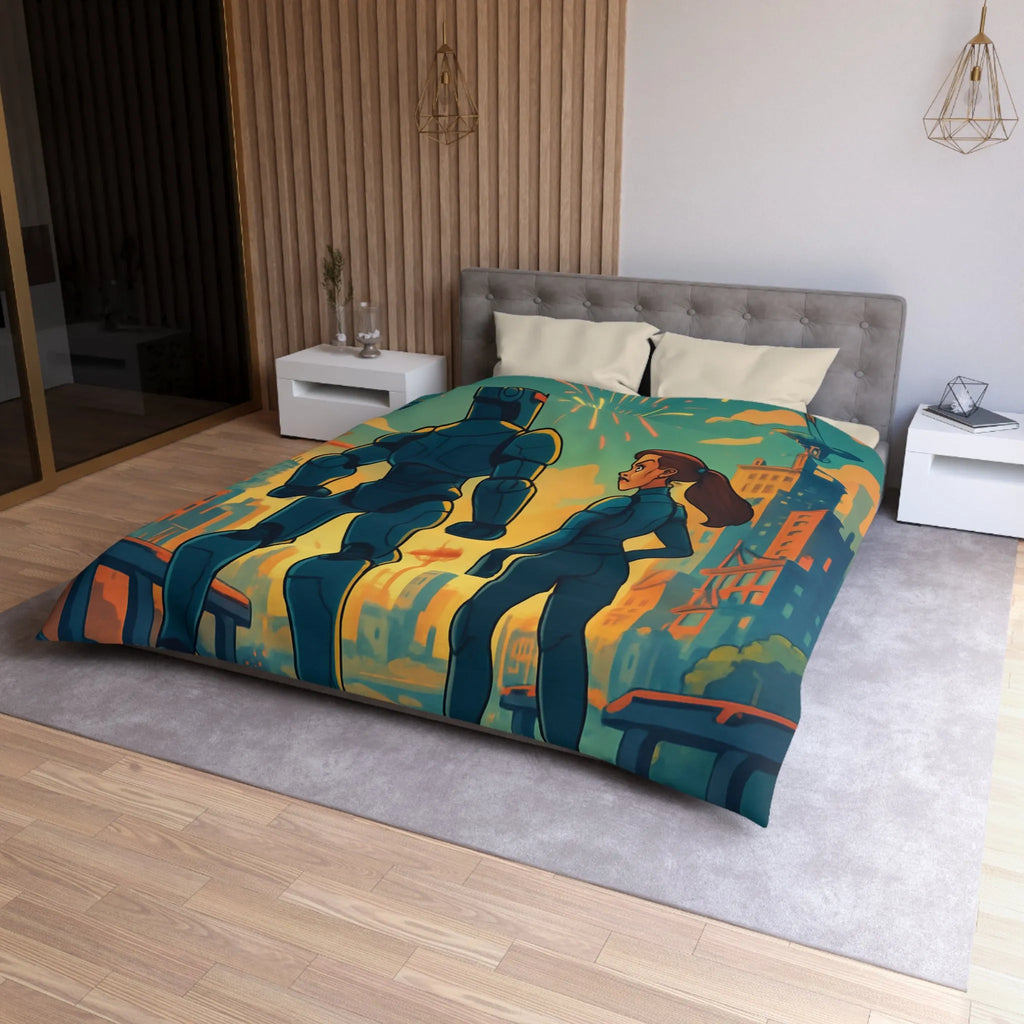 Housse de Couette Fine Imprimée Feux d’Artifice et Futuriste Ville Robotique Dessinée