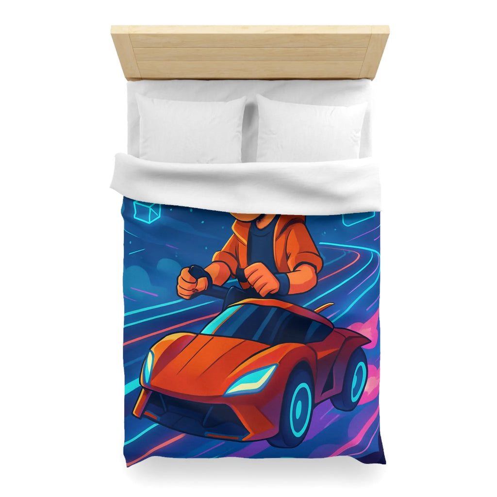 Housse de couette aventure virtuelle : joueur futuriste avec voiture de course dynamique et colorée