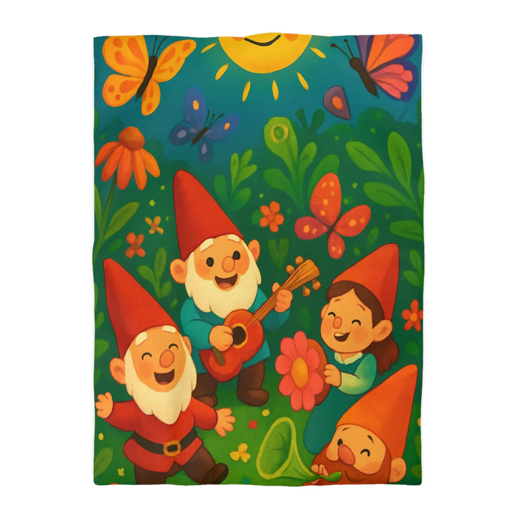 Housse de couette enfant joyeuse aux lutins dans un jardin ensoleillé et fleuri