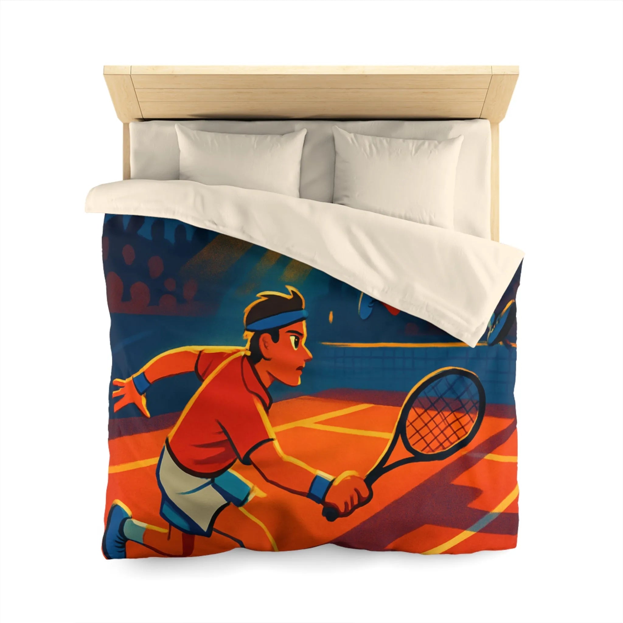 Housse de couette dynamique illustrant un match de tennis intense sous projecteurs éclatants
