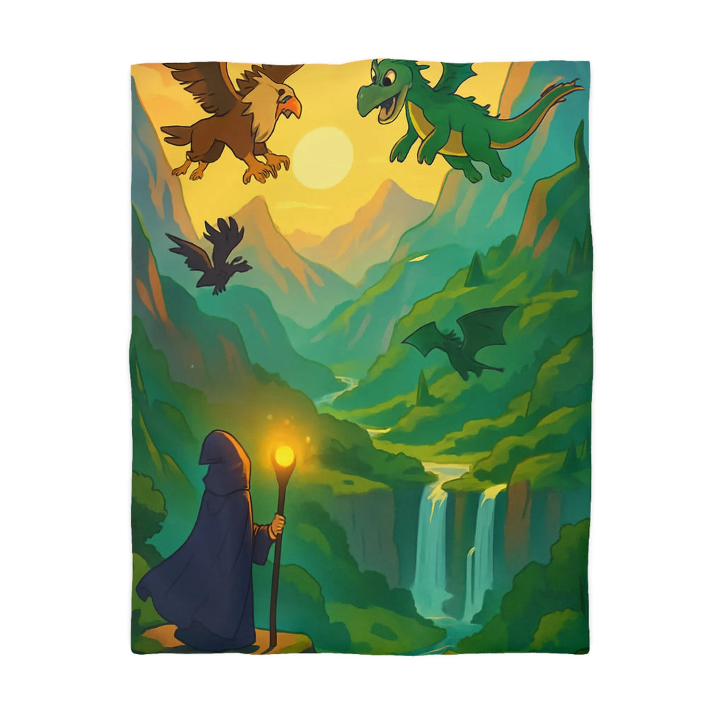 Épopée fantastique avec dragon et sorcier dans vallée mystique pour chambre aventureuse