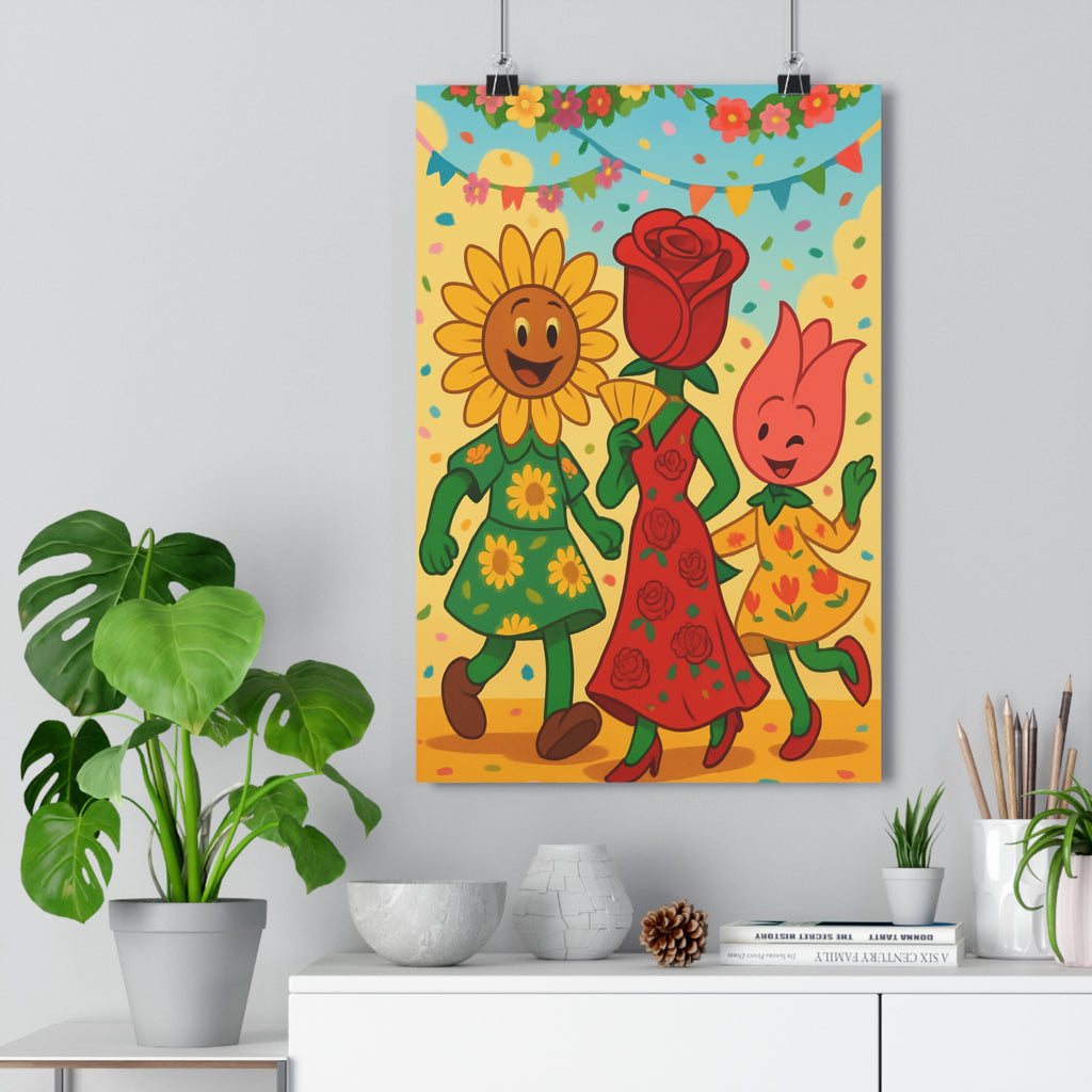 Poster décoratif cartoon vibrant joyeux fleurs tournesol rose tulipe jaune rouge vert salon chambre