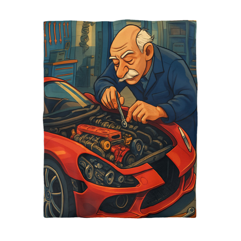 Housse de couette voiture rouge et mécanicien dans garage rétro pour chambre unique