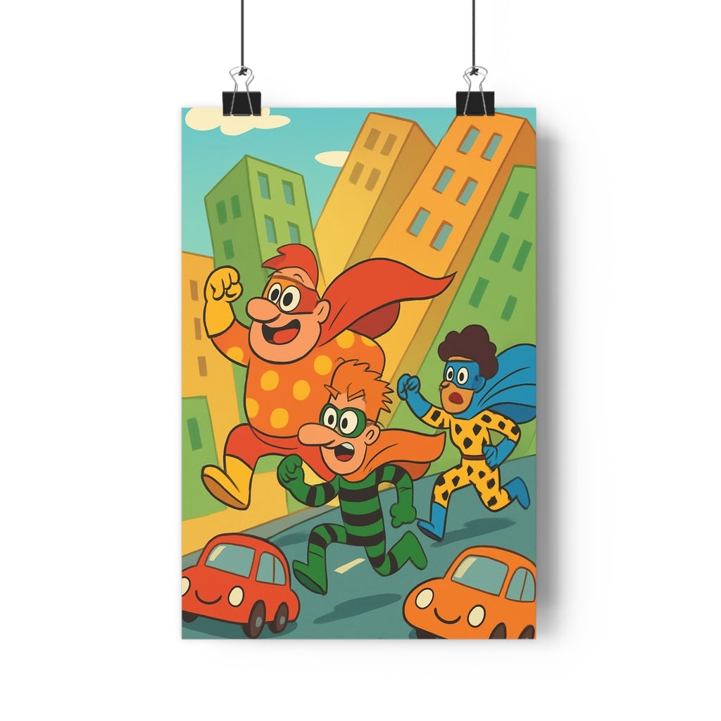 Poster décoratif cartoon superhéros pastel joyeux ville chambre enfant style humoristique ludique format 30x46