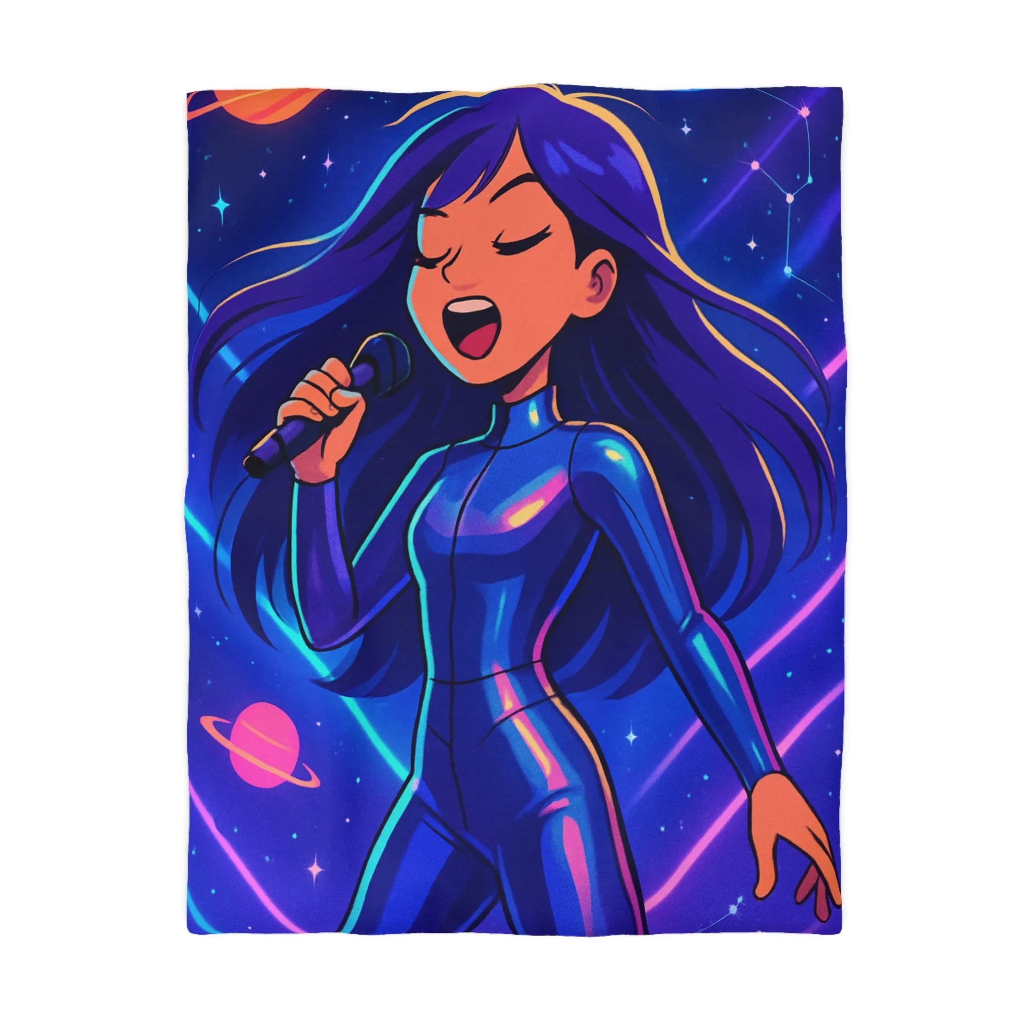 "Housse de couette galaxie: chanteuse en combinaison bleue avec planètes et étoiles brillantes"