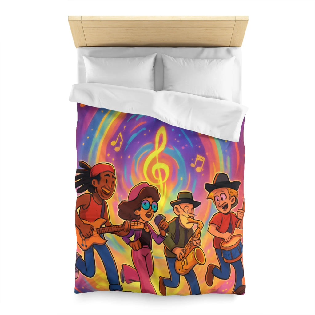 Housse de couette animée avec quatre musiciens et notes colorées en spirale lumineuse