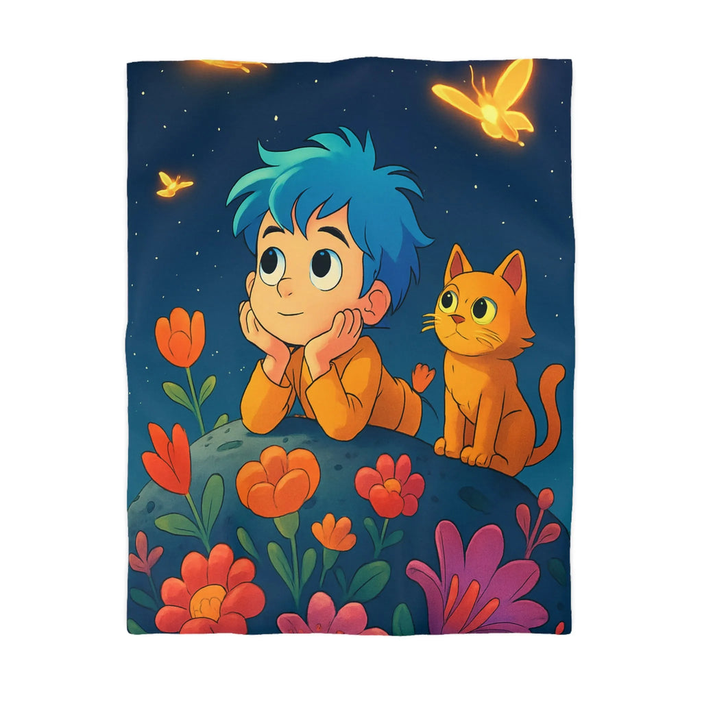Housse de Couette Enfant Émerveillé Observant Papillons Lumineux sous Ciel Étoilé