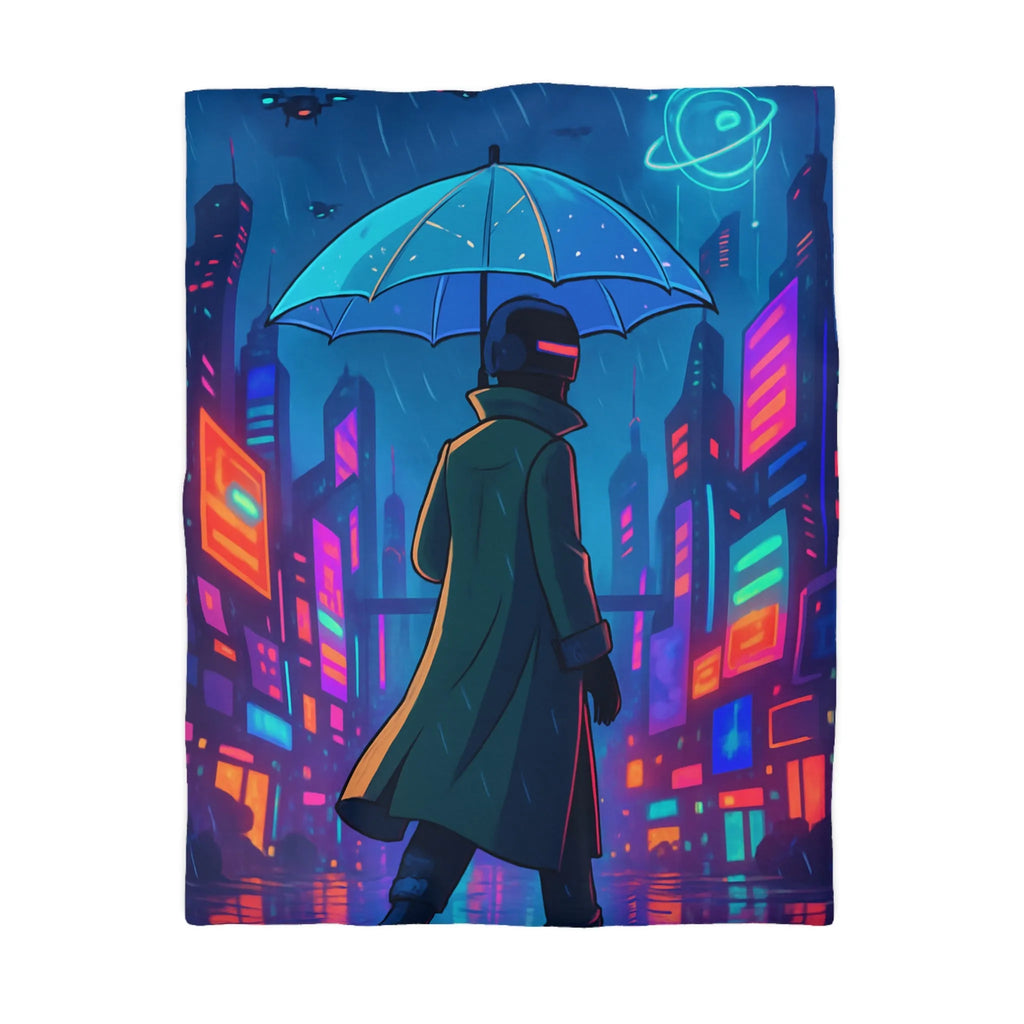 Housse de Couette Design Futuriste Ville Néon avec Parapluie et Pluie Nocturne