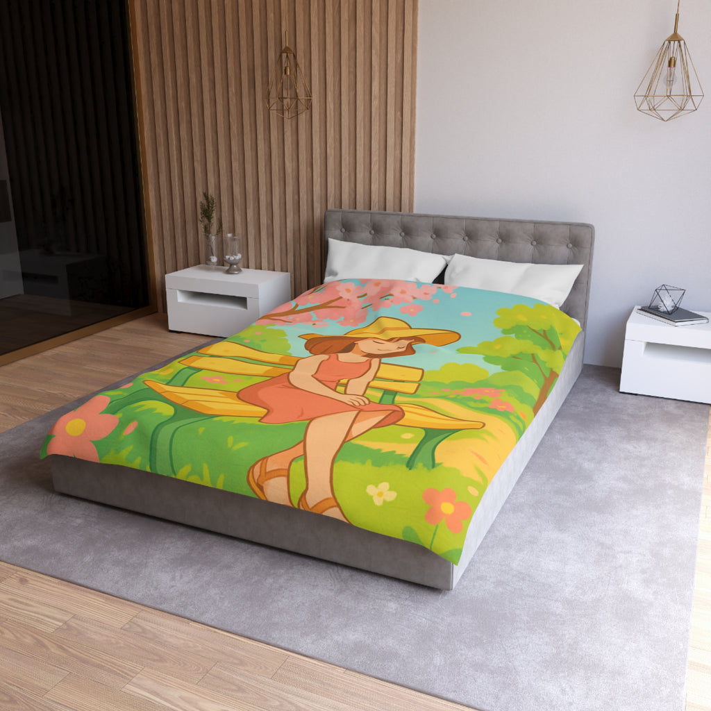 Housse De Couette Motif Printanier Banc Fleurs Ciel Bleu Style Illustration Paisible