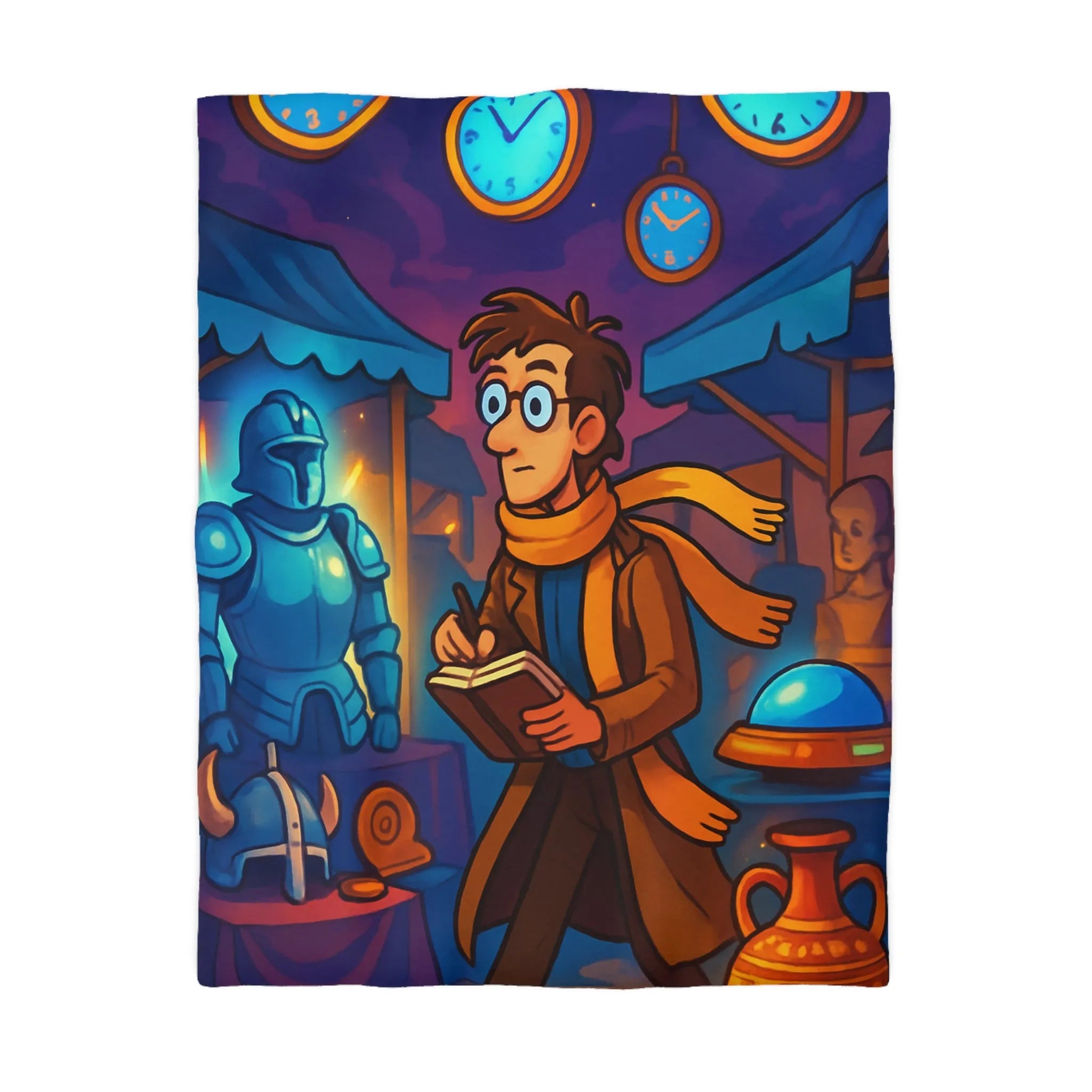 Housse de couette avec motif de marché nocturne mystérieux et horloges suspendues